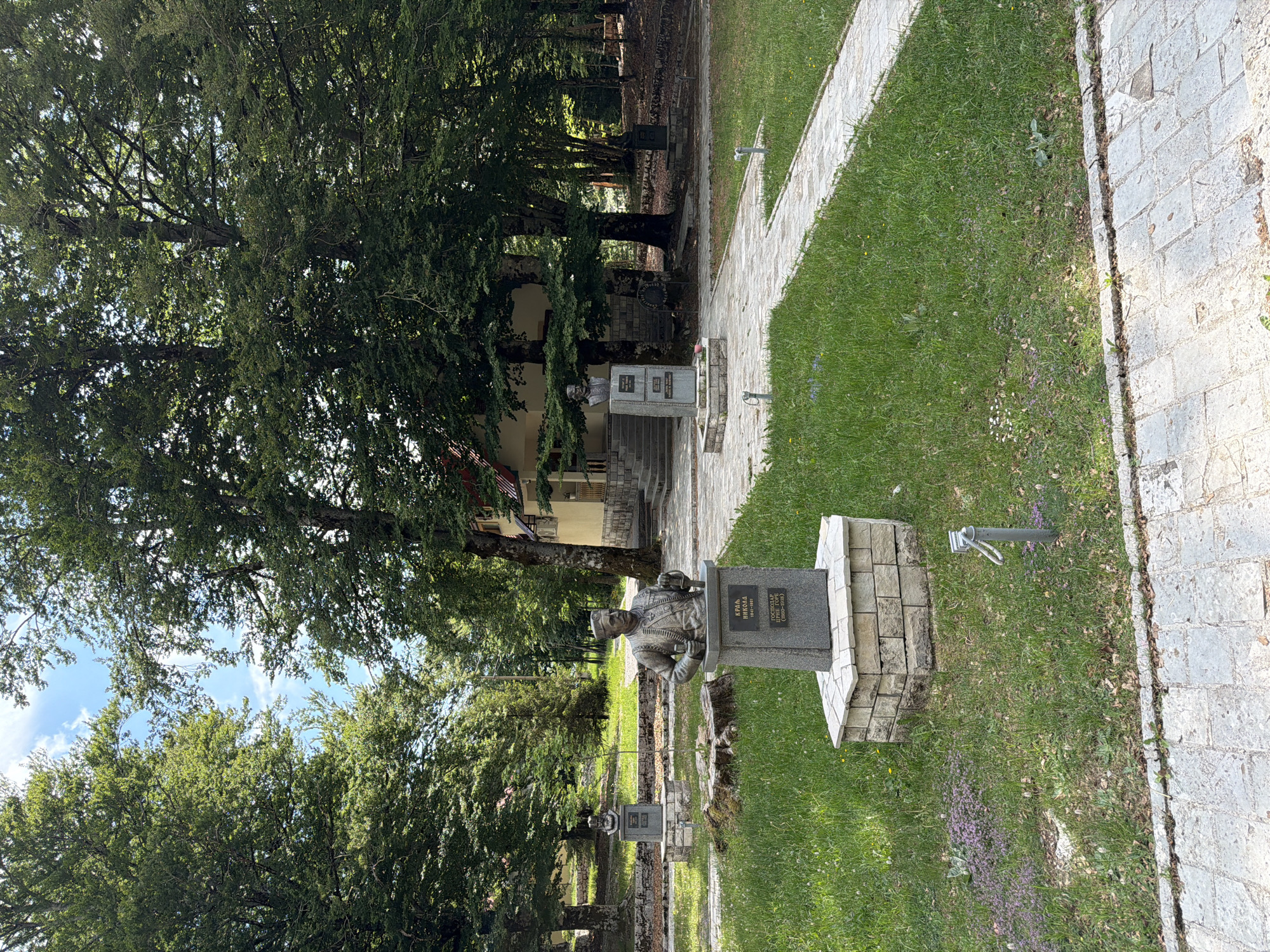This image captures an outdoor memorial or park area in Dolovi, Montenegro, under a bright, sunny sky with scattered clouds visible through the tree canopy. The scene is characterized by numerous large, mature trees with dense green foliage, providing ample shade. A well-maintained paved pathway, constructed from light-colored flagstones or bricks, winds through vibrant green grass.
Along this pathway, two stone busts of historical figures are prominently displayed on matching stone pedestals. The closer statue, positioned on the right side of the path, depicts a male figure from the chest up, adorned in a detailed uniform and cap. Its pedestal bears a clear inscription in Cyrillic script:
"KRAЉ" (King)
"НИКОЛА I" (Nikola I)
"1841-1921" (Dates of birth and death)
Followed by:
"ГОСПОДАР" (Lord/Ruler)
"ЦРНЕ ГОРЕ" (Montenegro)
"(1860-1918)" (Years of reign)
This identifies the figure as King Nikola I of Montenegro. Adjacent to this pedestal, a metal pole with a chain or ring attachment is visible in the grass.
Further down the path and partially obscured by trees, a second similar bust stands on another pedestal. While less distinct, its inscription includes the word "ВОЈВОДА" (Vojvoda/Duke), likely identifying another Montenegrin historical personality, possibly "VOJVODA JANKO". In the background, partially visible through the trees, is a building with light-colored walls, possibly a historical house or part of a museum. The ground is carpeted with green grass, interspersed with small purple and yellow wildflowers, adding natural color to the serene setting. The scene suggests a commemorative site, likely honoring significant historical figures of Montenegro.