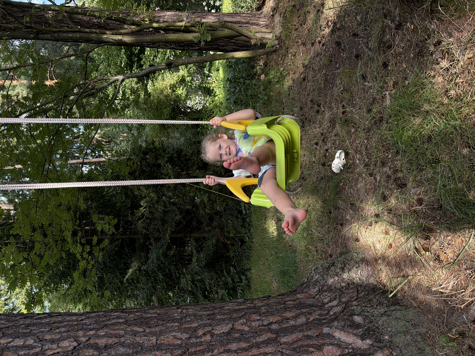 A young girl is swinging in a bright green swing set in a wooded area. She is wearing a tie-dye shirt and shorts and has a happy expression on her face. The swing set is suspended from thick ropes attached to a tree branch. The ground below is covered in grass, pine needles, and pinecones. The background is filled with lush green trees and foliage. The image appears to be taken on a sunny day. This scene is located in the city of Udelnaya, Russia.