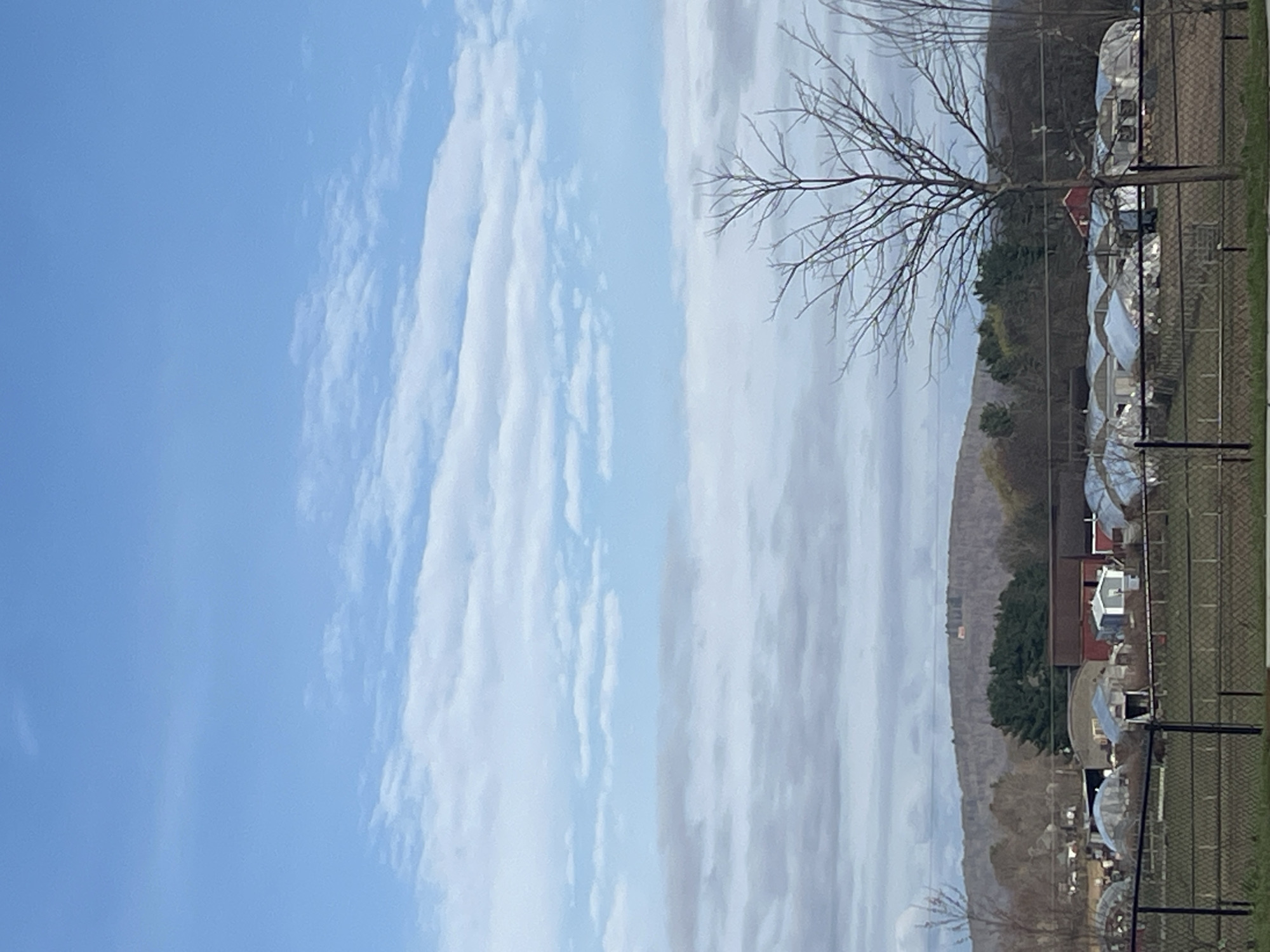 The image shows a cloudy sky on the left. On the right, there is a row of hoop houses covered with translucent plastic. A bare tree stands in front of the hoop houses. A chain-link fence runs along the edge of the property. In the background, there is a hill or low mountain covered with trees. A few buildings can be seen amongst the trees.
The location is the Village of Montgomery, United States of America.