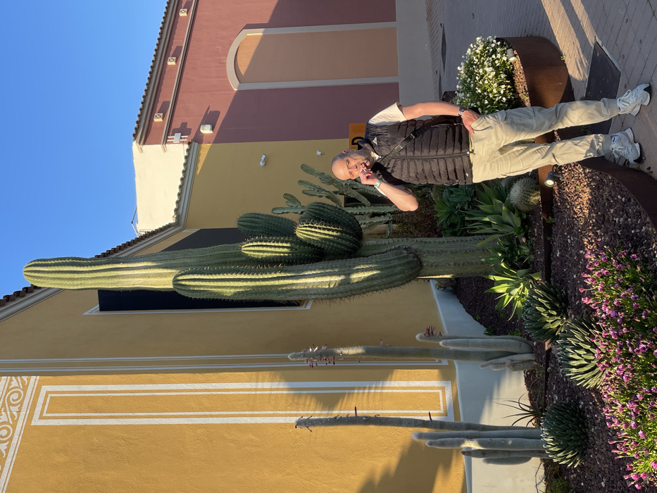 An adult male is observed standing outdoors in Marratxí, Spain, within a landscaped area featuring xeriscape plantings and architectural structures. The individual, appearing bald, is dressed in a white t-shirt, a black quilted vest, tan cargo pants, and white athletic shoes. His right hand is raised towards his mouth, holding a small, dark cylindrical object, while his left hand is placed inside his left pants pocket. He maintains eye contact with the camera. Directly behind him, a prominent, multi-branched cactus extends upwards, situated within a planter containing diverse succulent species, including columnar and spherical cacti, and small groundcover plants with purple and white flowers. The planter is edged with dark metal and filled with reddish-brown gravel. In the background, two stucco buildings are visible: one yellow with white ornamental detailing, and another reddish-pink with a distinct arch feature and tiled roof. The overhead sky is clear blue, and ambient light sources generate distinct shadows, suggesting a low sun angle.