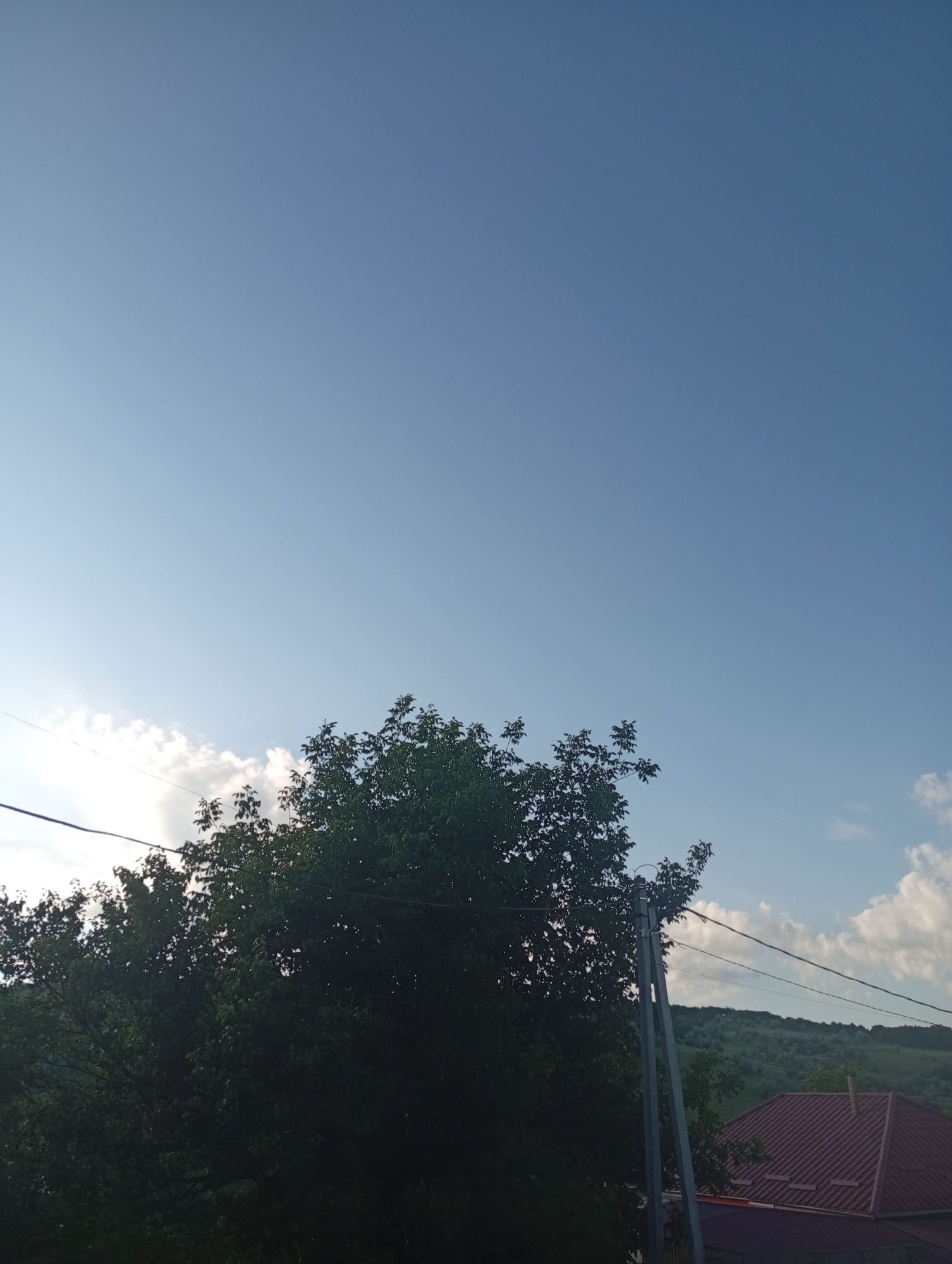 The image depicts a daytime scene outdoors, likely in a rural or semi-rural area. The sky is predominantly clear blue with scattered white clouds towards the horizon. In the foreground, the dark green foliage of a large tree dominates the left side of the frame. A grey metal utility pole with wires running across it is positioned to the right of the tree. Further to the right and lower in the frame, a portion of a building with a burgundy-colored, gabled roof is visible. In the background, rolling green hills are faintly discernible under the expansive sky. The overall impression is one of a tranquil, summery day in the city of Buțeni, Moldova.