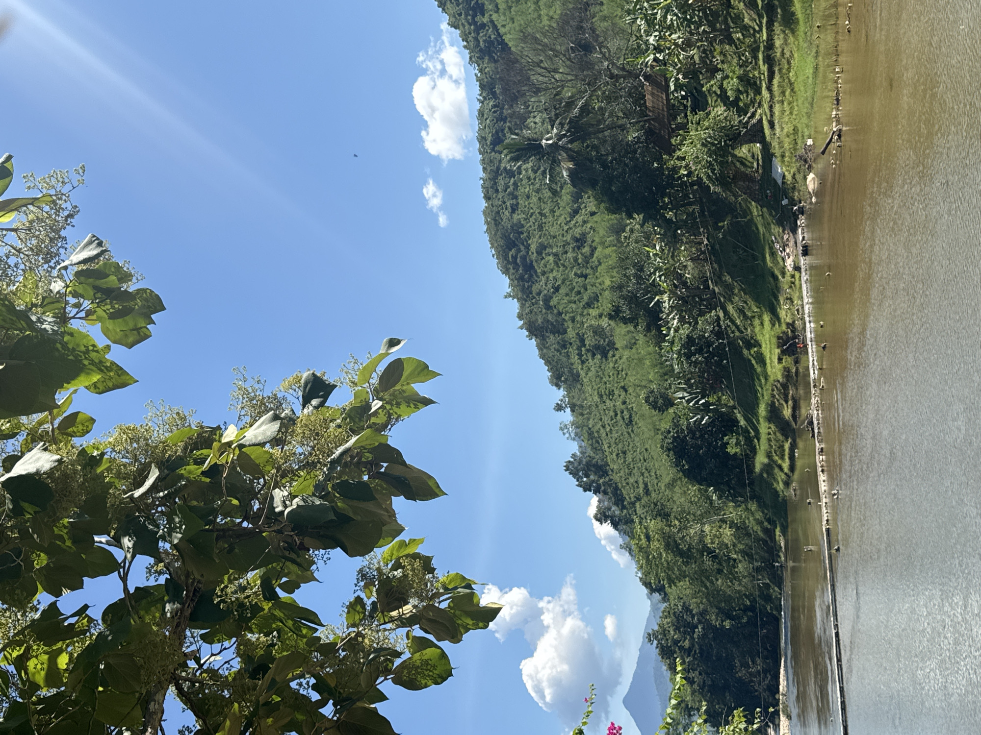 The image depicts a scenic natural landscape in Nam Khanh Vinh, Vietnam, under a bright blue sky with scattered white clouds and sun glare. In the foreground, a wide, muddy river flows, with a low barrier or dam constructed across it, marked by posts and a rope. Several birds or small objects are visible on the water's surface. The riverbank on the right is covered in green grass and lush vegetation, including trees and some structures, one with a thatched roof. Further back, a densely forested hillside rises steeply, covered in various shades of green foliage and trees. In the distance, a hazy mountain peak is visible to the left, and a faint bird is seen flying in the sky. The upper portion of the image is dominated by the branches and leaves of a large tree, with some small, light-colored flowers or seed pods. There are a few people visible on the riverbank and near the water's edge.