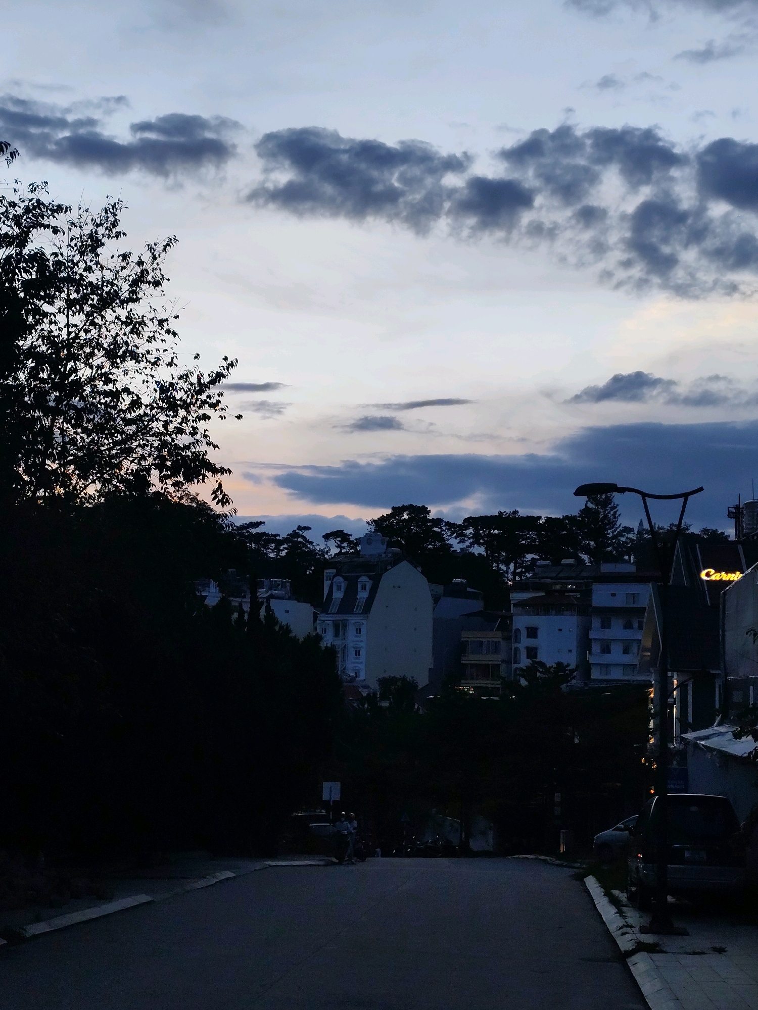 The image depicts a street scene in Da Lat, Vietnam, at dusk. A dark, silhouetted tree dominates the left side of the frame, with its branches reaching towards the sky. Behind the tree, a row of buildings with distinct architectural styles is visible, suggesting an urban environment. The buildings are of varying heights and colors, with some featuring pitched roofs and multiple windows. In the background, a dense line of trees forms a natural backdrop against the twilight sky. The sky itself is a mix of pale blue and grey, with scattered dark clouds adding to the atmospheric mood. A streetlamp with an unusual, curved design is prominently positioned in the mid-ground. The street in the foreground is paved and appears to be slightly sloped, leading away from the viewer. A few vehicles, including a car and motorcycles, are parked along the side of the street, and a small group of people are visible near a parked vehicle on the right side of the road. The overall impression is a quiet, almost tranquil evening in a hillside city. The yellow neon sign on one of the buildings appears to read "Carni".