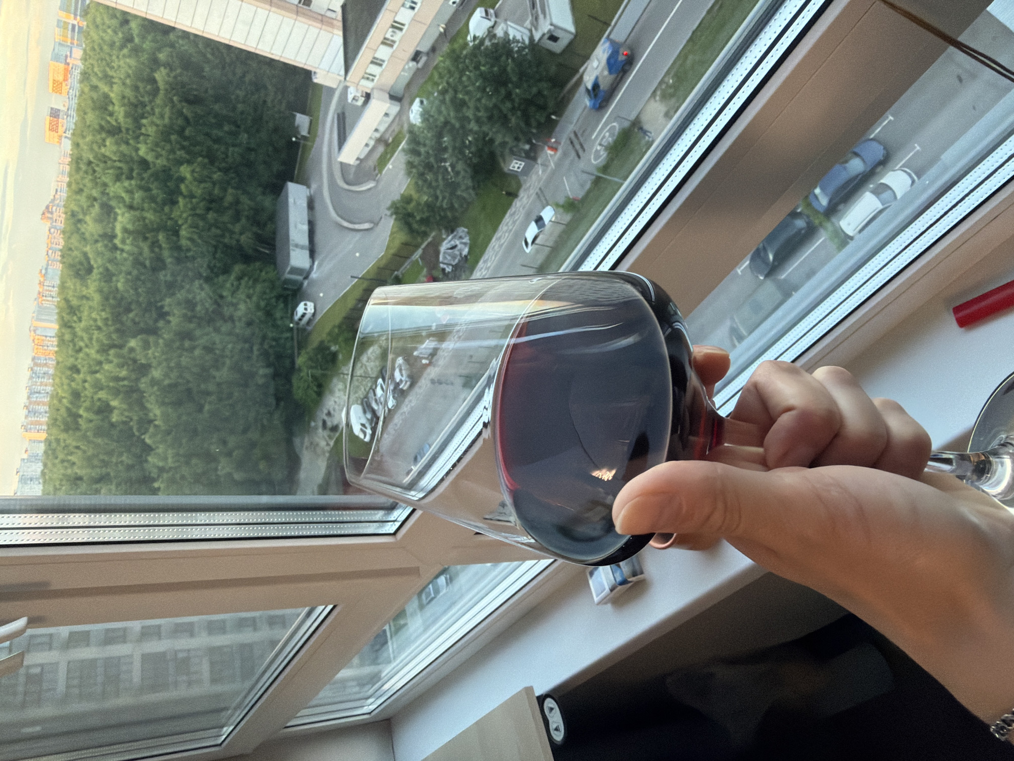 A hand holds a glass of red wine in front of a window overlooking an urban landscape. The scene is viewed from a high vantage point, likely an apartment building. The setting includes a window frame with multiple panes and a white sill. Outside, a dense line of green trees forms a backdrop to a street with several cars, including a white sedan, a blue car with a red light on its roof, and a dark-colored sedan parked. Buildings with many windows are visible in the distance, some appearing to be under construction with yellow cranes. The time of day appears to be late afternoon or early evening, as evidenced by the warm, soft light illuminating the distant buildings. The overall mood is one of relaxation and contemplation, suggested by the solitary glass of wine and the quiet observation of the city below. The image is taken in Moscow, Russia. There is no visible text in the image.