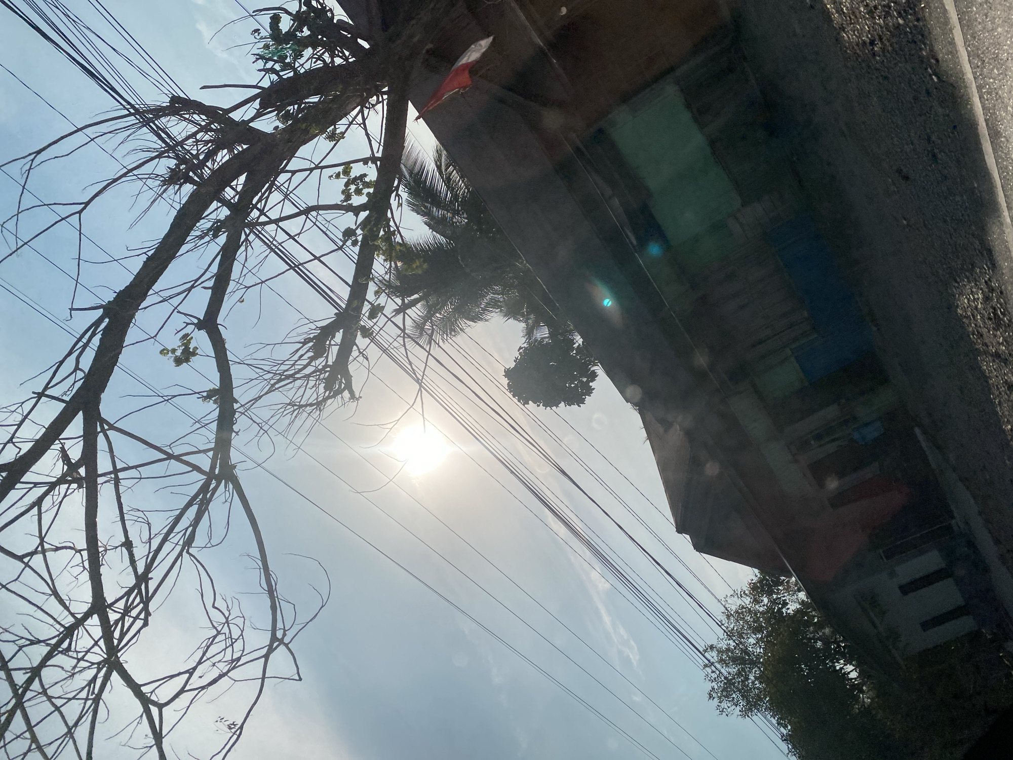 The image depicts a view from a low angle, looking upwards towards a bright sun partially obscured by tree branches and electrical wires. In the foreground, silhouetted against the sky, are the bare branches of a tree. Power lines crisscross the sky in diagonal lines. Below the branches and wires, a residential building with a dark roof and a light-colored facade is visible. The building appears to have several windows and doors. A small Indonesian flag, red and white, is attached to the side of the building. Palm tree fronds are visible behind the building. The ground in the lower portion of the image appears to be a rough, gravelly surface next to a paved road. The scene suggests an outdoor environment in a built-up area, possibly a street or alleyway, in Astambul Kota, Indonesia. The overall lighting indicates daylight, with the sun being a prominent source. There are no people visible in the image.