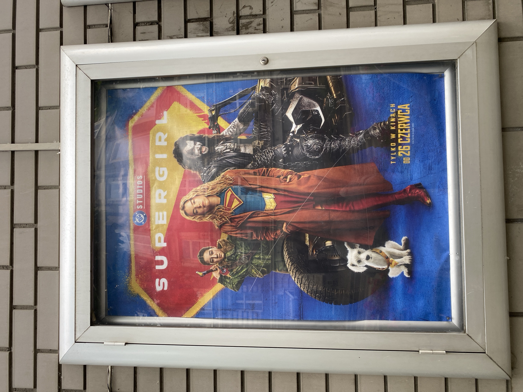 The image shows a movie poster for "The Flash" displayed in a silver frame mounted on a brick wall. The poster features several characters, including Supergirl, a man with long dark hair and a beard riding a motorcycle, and a young woman holding a weapon. A small white dog wearing a superhero emblem is also visible. Text on the poster in Polish indicates that the movie is showing "TYLKO W KINACH OD 26 CZERWCA," meaning "ONLY IN CINEMAS FROM JUNE 26". The brick wall appears to be made of light-colored, rectangular bricks, consistent with typical urban construction. The poster is protected by a clear plastic sheet, reflecting some ambient light. The overall scene suggests an outdoor movie advertisement in a public urban space. Based on the Polish language text and the style of the advertisement, it is highly probable that this image was taken in the city of Szczecin, Poland.