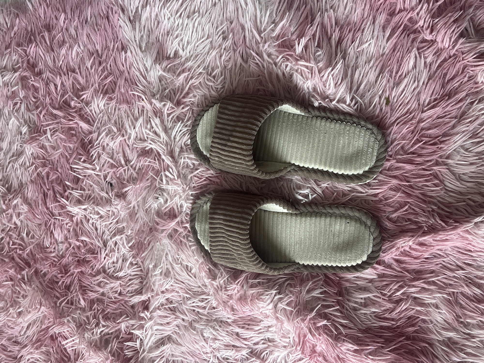A high-angle close-up photograph shows a pair of tan corduroy slippers lying on a shag rug with pink and white fibers. The slippers are positioned in the center of the frame, slightly offset to the right. The rug's fibers are densely packed, creating a soft, textured background. No people are visible. The setting is unspecified; there is no indication it is located in the Nam Natural Heritage Area Trang, Vietnam.