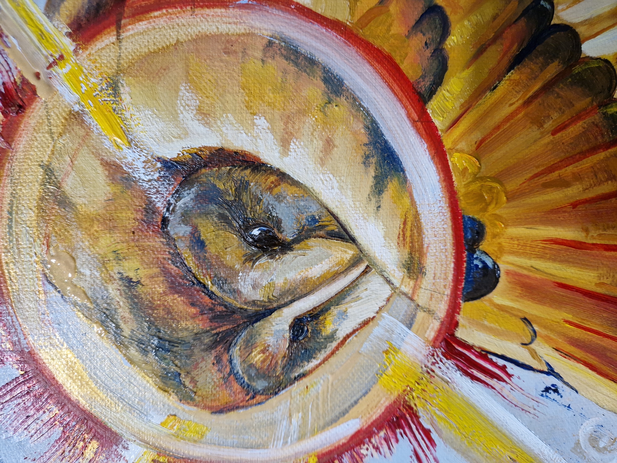 The image is a close-up oil painting on canvas. The primary subject appears to be a bird, likely a raptor, rendered in an abstract and impressionistic style. The bird's head and upper body are centrally positioned and slightly tilted. The bird has piercing eyes, and its plumage is depicted with a blend of browns, yellows, and blues. The painting uses thick brushstrokes, providing texture and depth.
The bird is encircled by a ring of yellow and red, possibly a sunflower or some other abstract symbol. The background features a swirl of golds, yellows, and reds.
The artwork's location and the identities of any people involved are unknown.