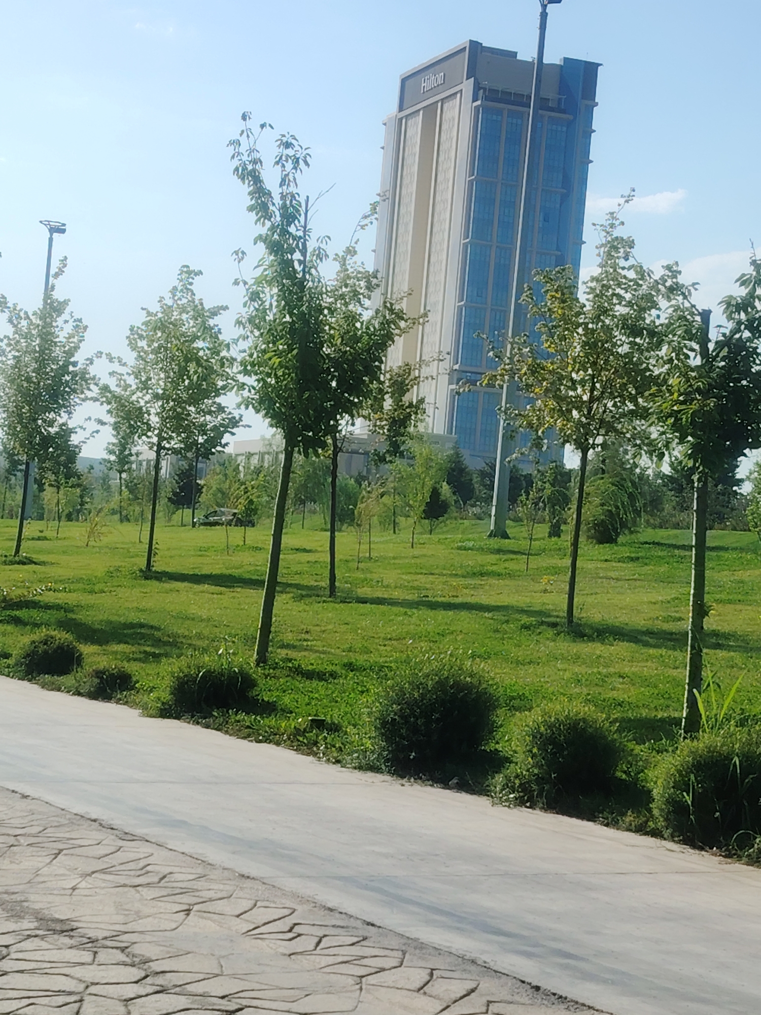 In the city of Konigil, Uzbekistan, a tall, modern Hilton hotel building dominates the skyline, its facade featuring a grid of windows and vertical white elements. In the foreground, a well-maintained park stretches out with lush green grass and numerous young trees scattered across the landscape. A paved walkway, bordered by decorative stone patterns, leads into the park, suggesting a public recreational area. The sky is clear blue with a few wispy clouds, indicating a bright, sunny day. The overall scene depicts an urban park adjacent to a contemporary hotel, likely a hub for both business and leisure activities.