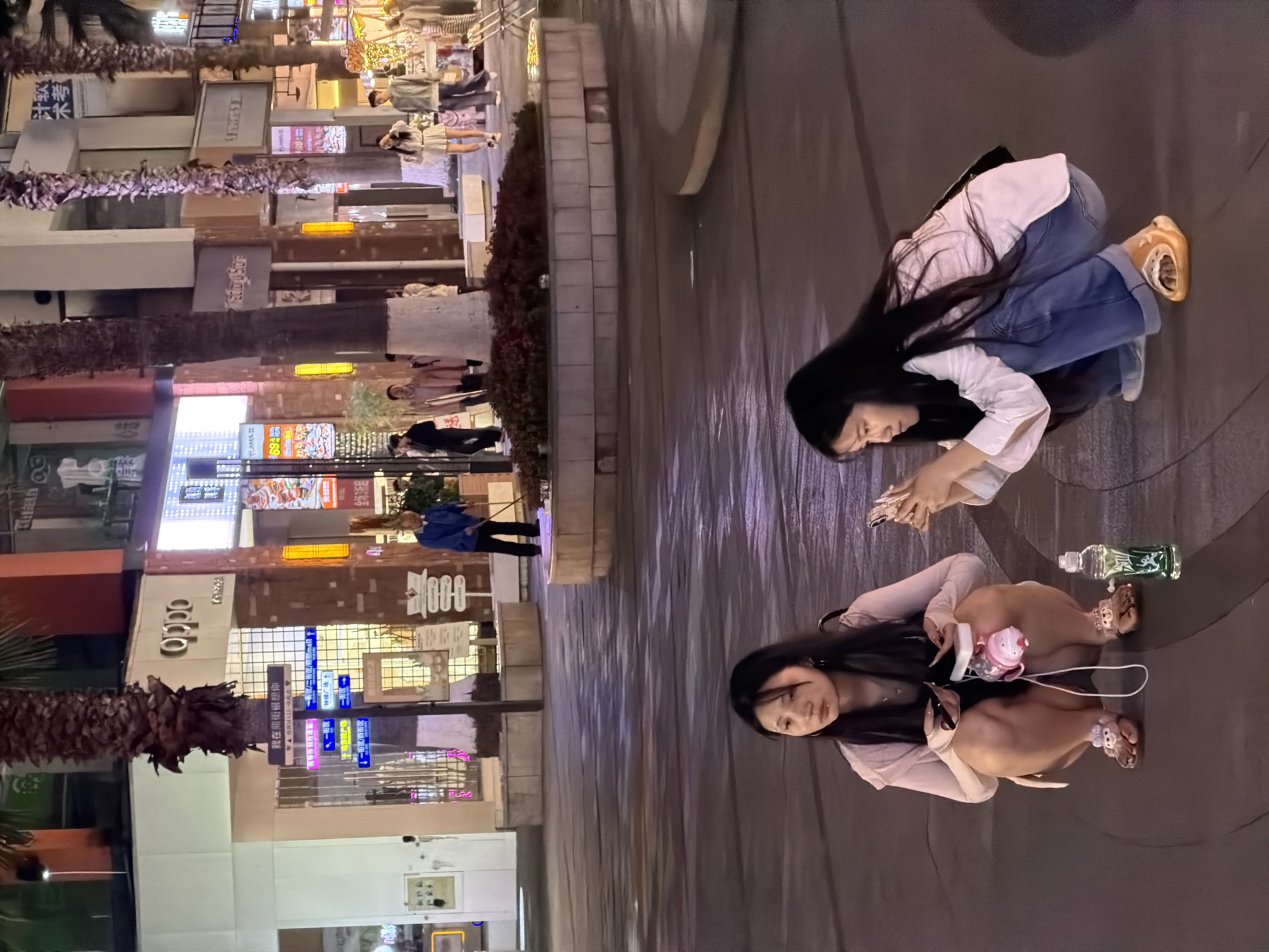 Here is a description of the image:
The photo shows an outdoor scene at night, in what appears to be a commercial or retail area. Two young women are sitting or kneeling on the ground. One is wearing jeans, a white top, and what look like slip-on shoes. She is holding a phone and looking down. The other is wearing a lighter-colored top and light-colored shorts. Next to them is a bottle of water.
In the background are buildings with lit-up signs in Chinese characters. There are trees, including palm trees, along the walkway. One of the signs reads "Oppo" and "全场3折起" (which translates to "Up to 30% off"). Another sign reads "我在照街很想你" (which translates to "I miss you so much on Zhao Street"). Based on these signs, the photo might be taken in Chongqing High-tech Zone, China, as mentioned in the question, since there is a street called Zhao Street in Chongqing.