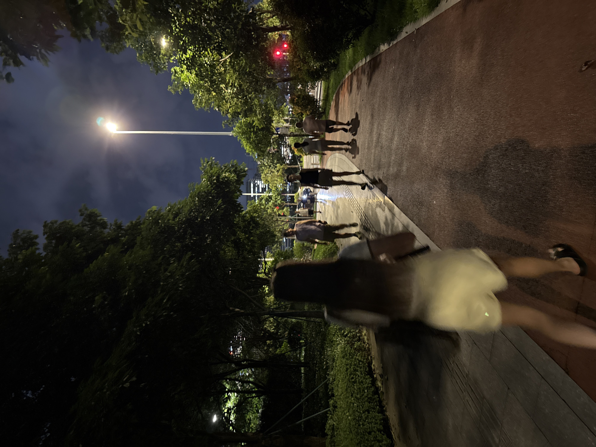 In the city of Haizhu District, China, at night, a paved pathway curves through a park area illuminated by a streetlamp. Several individuals are visible walking along the pathway. In the foreground, a person wearing a white top and light-colored shorts is walking away from the camera. Further ahead, a group of three people, two women and one man, are walking in the same direction. One woman is wearing a black top and shorts, another a white top and shorts, and the man a light-colored sleeveless shirt and shorts. The pathway is red, with a lighter gray paved section to the left. Lush green trees and bushes line the pathway, and city lights are faintly visible in the background. The ground appears damp, suggesting recent rain.