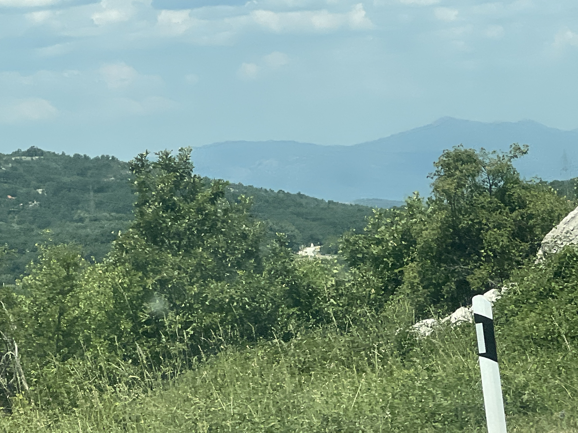 The image depicts a natural landscape, likely in or near Vilusi, Montenegro, characterized by rolling hills covered in lush green vegetation. In the foreground, tall, wispy grass and various shrubs dominate the scene. A white and black striped road marker is visible on the right side, indicating a potential roadside location. In the mid-ground, dense green trees and foliage create a textured barrier. Nestled within the trees, a small, light-colored building with a red roof is visible. The background features layers of progressively lighter green hills and distant, hazy blue mountains under a pale blue sky with scattered white clouds. The overall atmosphere is one of serene, undeveloped natural beauty.