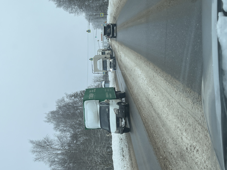 This image depicts a winter road scene in Borisovo, Russia, under an overcast, light gray sky. The asphalt road shows two visible lanes in the direction of travel, with a thin layer of dirty snow and slush accumulated on the shoulders and outer edges, while the main travel paths are clearer. Snow-covered, bare deciduous trees and some evergreens line both sides of the road.
In the left foreground, a white box truck, possibly a GAZelle model, with a green cargo box bearing the Cyrillic text "ГЕЙЗЕР" and other smaller text, is visible. Its license plate, "H632AE 50", is partially obscured but legible. This vehicle appears to be moving or stationary in the same direction as the camera.
In the mid-ground, a line of vehicles proceeds or waits. The most prominent is another white box truck with its headlights illuminated, followed by at least two other white box trucks or cargo vans. Further down the road, a dark-colored SUV is visible.
Overhead, multiple traffic lights are visible in the distance, displaying green signals. Yellow, diamond-shaped pedestrian crossing signs are mounted on poles above the road. On the right shoulder, a structure resembling a bus stop shelter, partially covered in snow, is present. The bottom edge of the image shows the dashboard and a small amount of snow on the windshield of the vehicle from which the photograph was taken. No identifiable people are visible.