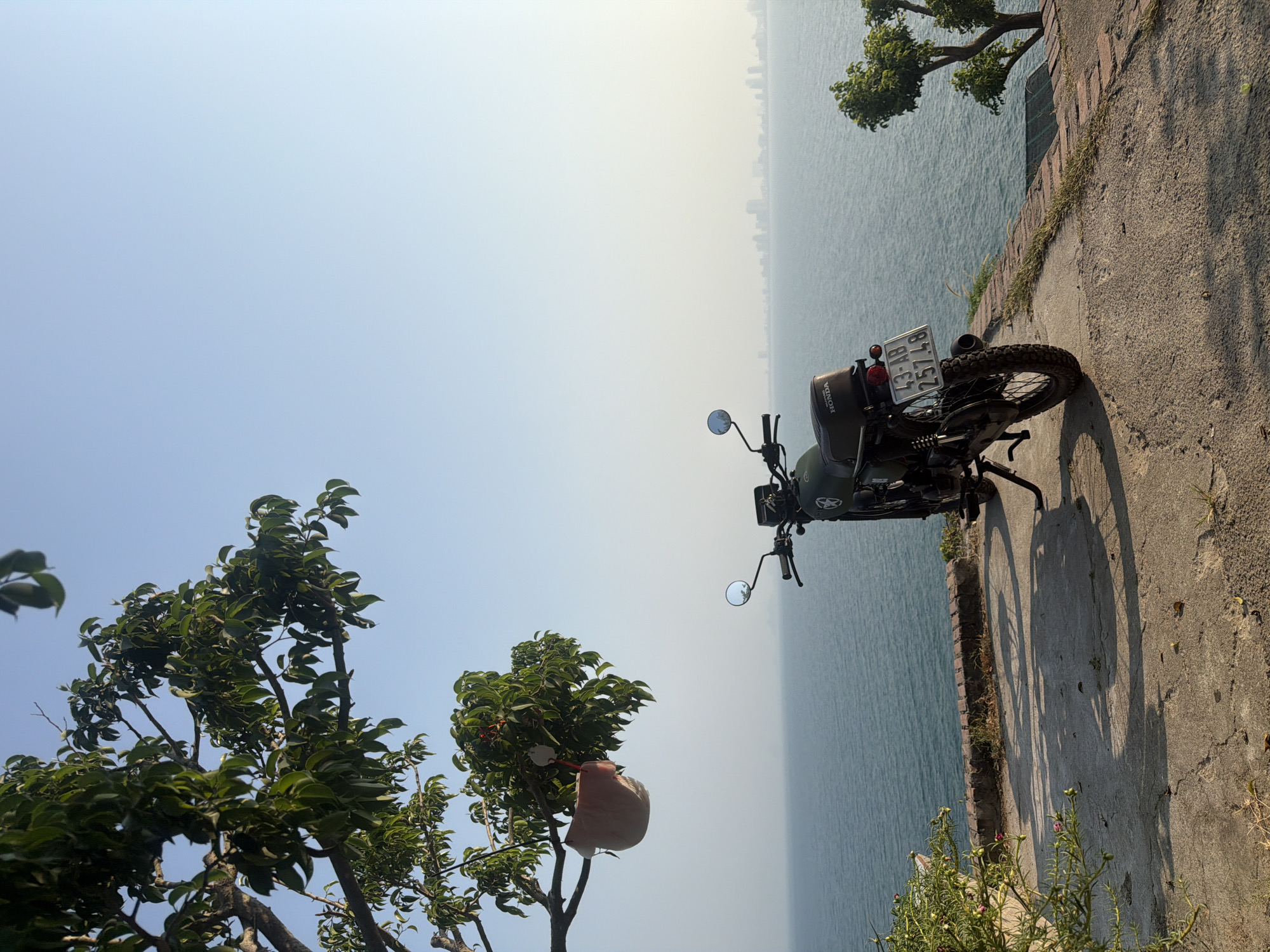 A motorcycle is parked on a concrete path next to a body of water. The motorcycle is facing away from the viewer, and its license plate is visible, reading "43-AB1 257.48". The motorcycle has a brown Honda-branded seat bag. In the background, there is a hazy skyline across the water. Two trees frame the image on either side. A pink helmet hangs from a tree branch on the left. The location is Đà Nẵng, Vietnam, as indicated by the license plate format and the urban skyline in the distance.