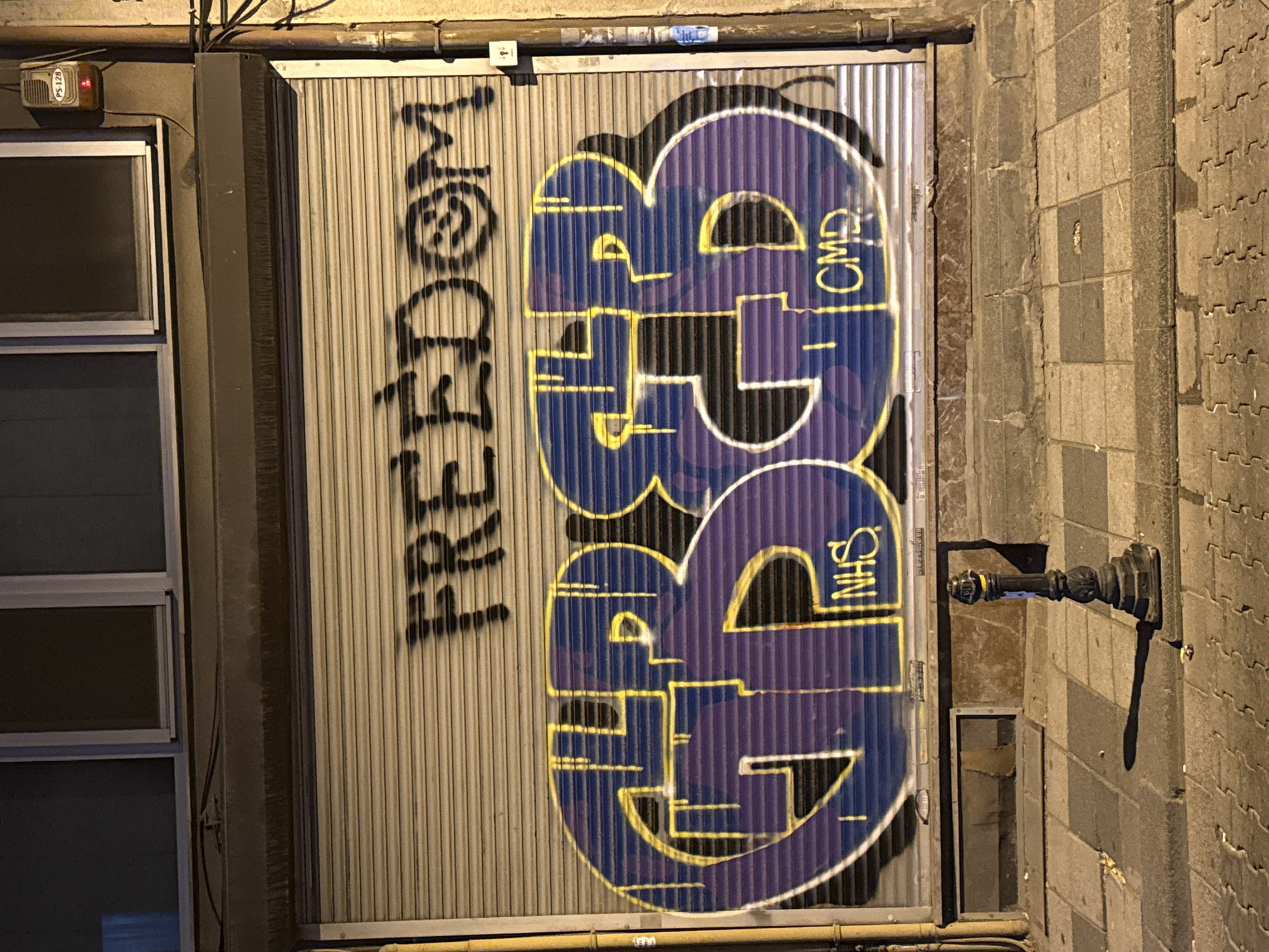 The image captures a street-level view of a shopfront on a paved street in Kadıköy, Turkey. The shopfront features a closed metal rolling shutter, which is heavily decorated with graffiti. The upper portion of the shutter displays the word "FREEDOM" in black spray paint, with the "O" replaced by a smiley face emoji. Below this, a large graffiti piece in purple and yellow colors dominates the shutter. This piece appears to be an artistic representation of letters or symbols, with the initials "NHS" and "CMD" also visible within the design. The street is dimly lit, suggesting it is nighttime or early morning. A small, black, ornate bollard stands on the sidewalk in front of the shutter, casting a shadow. The surrounding architecture indicates an urban environment, with the upper part of the image showing windows of a building above the shutter. The overall scene depicts urban street art on commercial property.