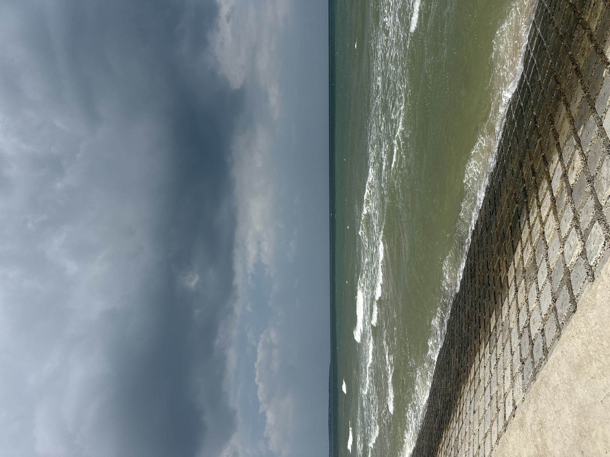 The image depicts a dramatic seascape with a foreboding sky over the ocean. The sky is filled with dark, heavy clouds, suggesting an impending storm. The sea itself is a murky green, with choppy waves and white foam breaking near the shore.
In the foreground, a man-made seawall constructed from interlocking concrete blocks extends along the coastline. These blocks are weathered and some appear to be covered in a dark, organic growth, indicating constant exposure to the elements. The seawall slopes downwards towards the water.
The horizon is visible, with a faint, distant landmass or island on the left side of the frame. The overall impression is one of raw, untamed nature meeting human intervention, with the ominous weather setting a somber mood. There are no people or specific objects that would indicate a particular location within Mũi Né beyond it being a coastal area.