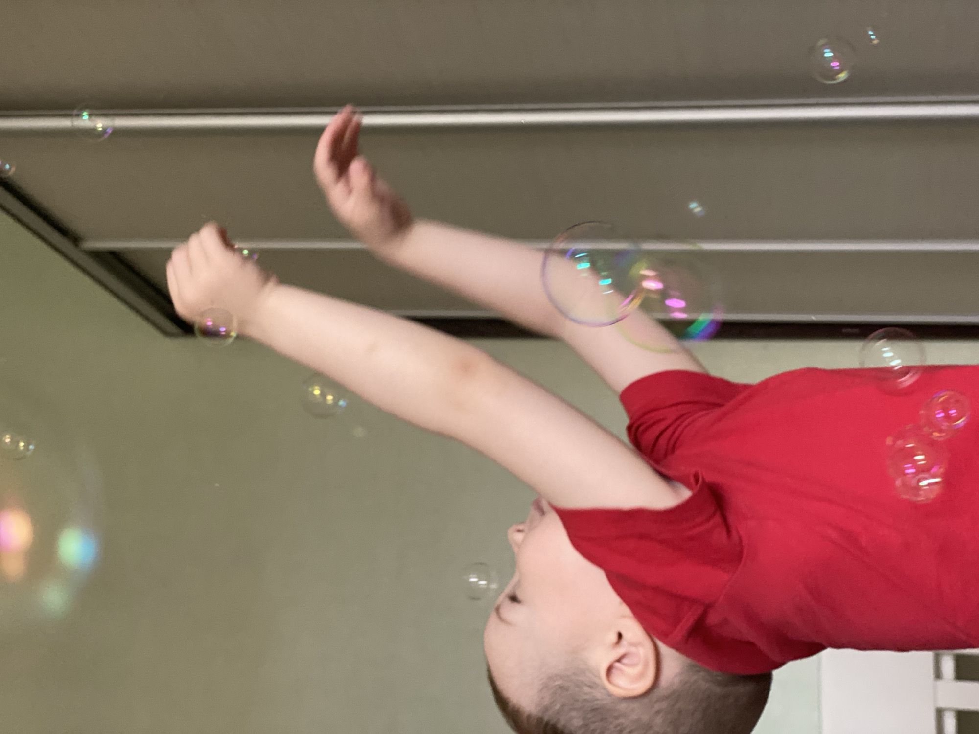 A boy in a red shirt is catching bubbles indoors. The location is unknown, but it is likely not Sochi, Russia.