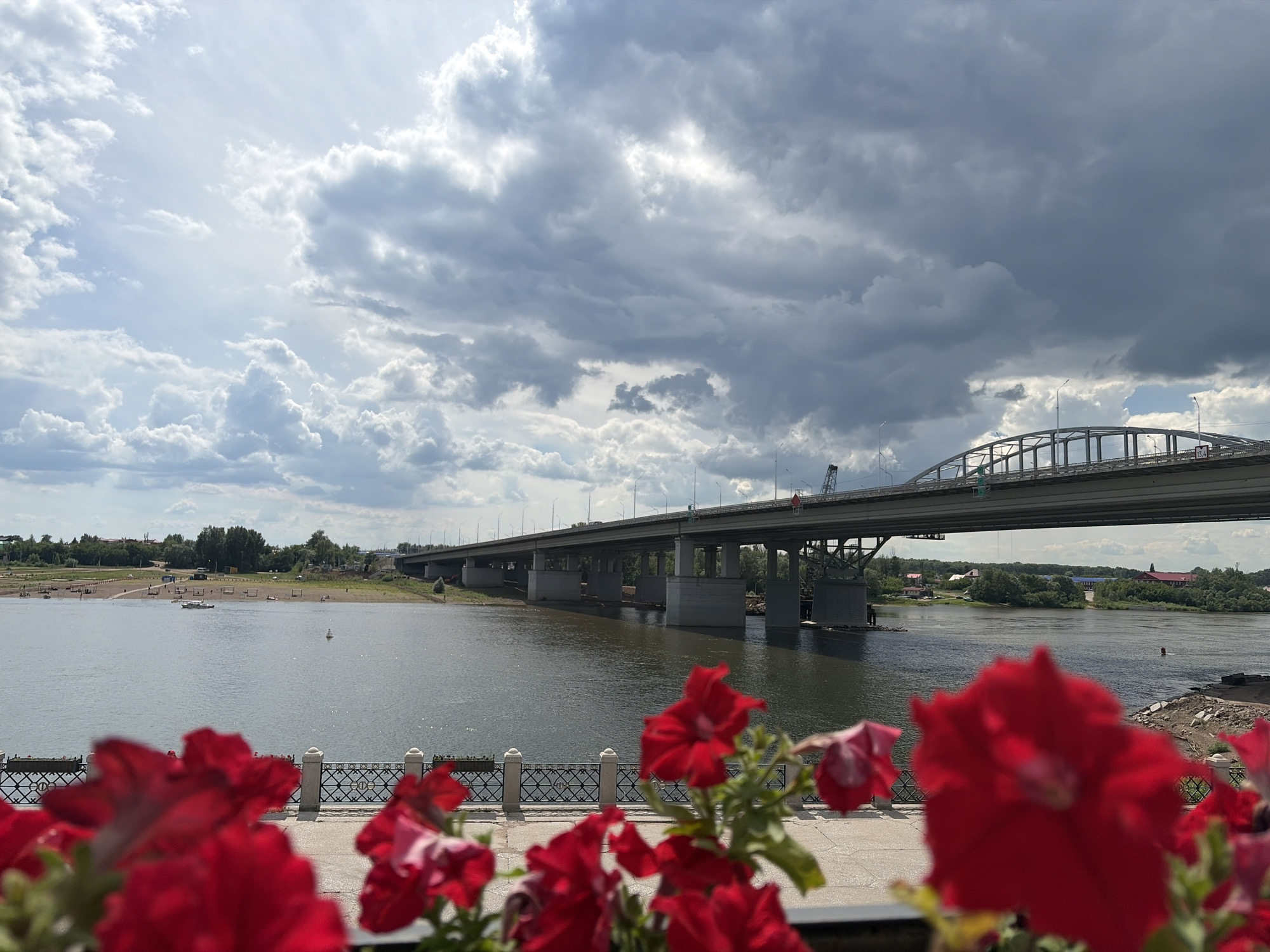 The image depicts a scenic view of a wide river with a long, multi-span bridge crossing it. In the foreground, out-of-focus red flowers create a soft bokeh effect, framing the scene. Beyond the flowers, a walkway or promenade with a decorative railing overlooks the river.
The river is calm and reflects the cloudy sky. On the far bank, there is a sandy beach with several people scattered across it, some appearing to be sunbathing or relaxing. A small white boat is visible on the water near the beach. Further inland, trees and buildings can be seen, suggesting a populated area.
The bridge is the dominant man-made structure, with its concrete piers and elevated roadway stretching across the frame. The sky is filled with dramatic clouds, a mix of dark, heavy storm clouds and lighter, brighter patches, indicating a dynamic weather day. The lighting suggests it is daytime, likely afternoon, given the interplay of light and shadow.
On the right side of the bridge, a segment of an arched truss bridge is visible, hinting at a more complex structure. A construction crane is also present on the right side of the bridge. The overall mood of the image is serene, with a hint of the power of nature suggested by the dramatic sky. No visible text is present in the image. The location context is Ufa, Russia.