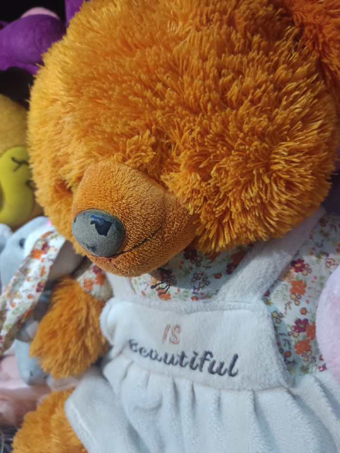 The image displays a close-up, angled view of an orange-furred stuffed animal, likely a bear, occupying the foreground. Its lower face, centered, reveals a dark gray, slightly scuffed fabric or plastic nose. The stuffed animal wears a white plush overall-style garment featuring a ruffled hem at the bottom of the visible section. Beneath the overalls, a floral-patterned fabric, possibly a shirt, is visible, containing white, light blue, orange, and purple flower motifs. The words "IS beautiful" are embroidered on the front of the white overalls, with "IS" in orange and "beautiful" in dark gray cursive script.
In the blurred background, several other stuffed animals are partially visible. To the left, a yellow plush item is indistinctly seen, alongside a gray and white stuffed bunny with ears matching the floral pattern of the main subject's inner clothing. Hints of a purple plush item appear at the top left, and a pink plush item is partially visible to the right. The scene is set indoors, depicting a collection of soft toys. The specific location within the city of Gotha, Germany, cannot be determined from the provided image.