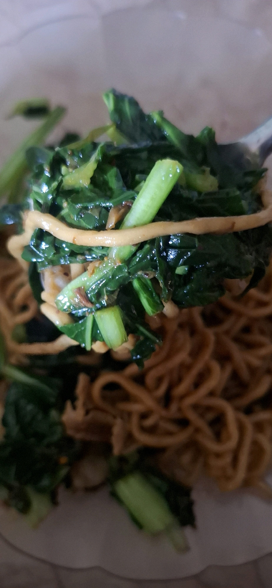 A close-up, eye-level shot shows a fork lifting a portion of noodles topped with green vegetables. The noodles are thin and appear fried, with a light brown hue. The vegetables are dark green and leafy, with some lighter green stems visible. The food is in a shallow bowl, partially visible at the bottom of the frame. The background is out of focus, appearing as a light, neutral color, possibly a table or wall. The lighting is natural and appears to be coming from above and slightly to the left. There are no people or animals visible in the image. This image appears to have been taken indoors, likely in a home or restaurant setting in Cibinong Hilir, Indonesia.