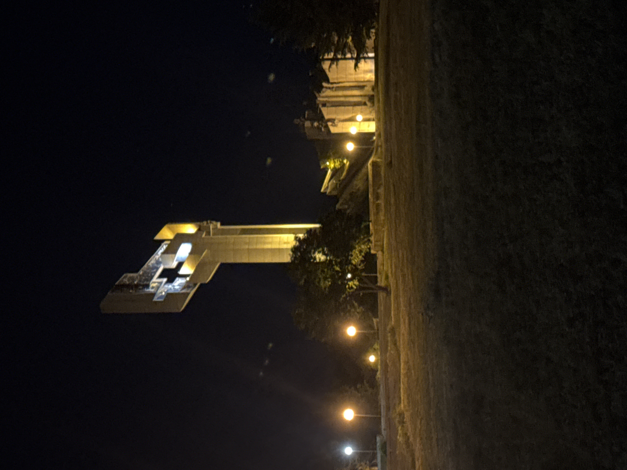 The image shows the Monument Defenders of Stara Zagora at night, located in Stara Zagora, Bulgaria. The monument is brightly lit against a dark sky. The right side of the image shows a stone wall and some vegetation. Streetlights are visible along the wall. The photograph is taken from a low angle looking upwards.