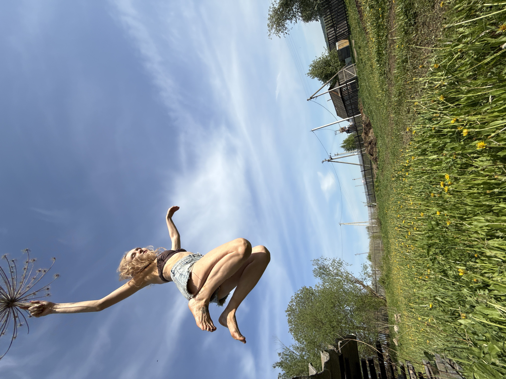 A woman with fair skin and light, curly hair is suspended in mid-air against a backdrop of a blue sky with wispy clouds. She is wearing a dark-colored halter top and ripped denim shorts. Her bare feet are visible, and she holds a dried flower head with radiating seed pods in her left hand. Her right arm is outstretched. The foreground includes overgrown vegetation with yellow flowers. A wooden fence and some trees are also visible. Power lines and wooden utility poles are in the background. The location cannot be confidently determined to be Rosstani, Russia without additional information.