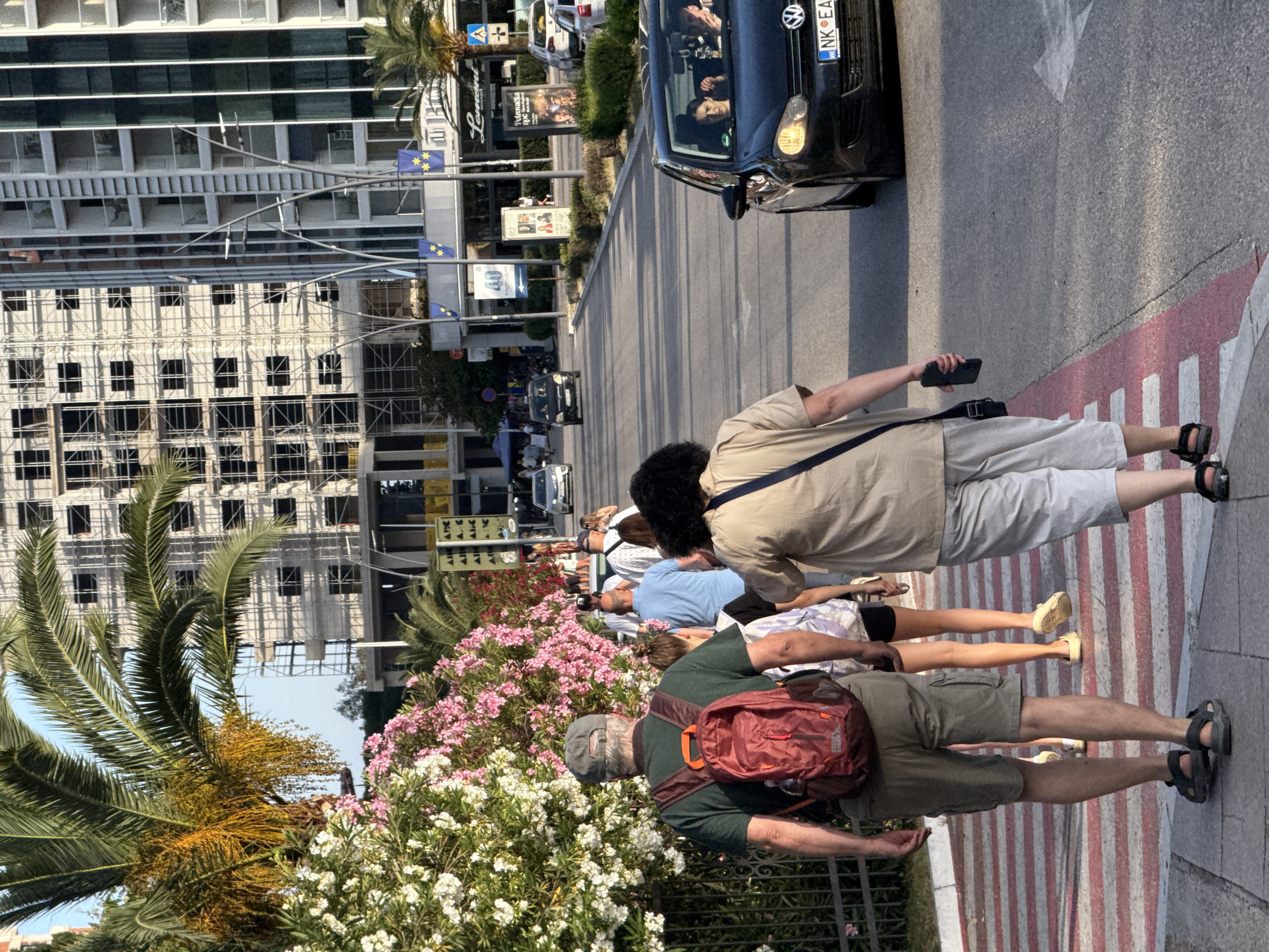 The image presents a daytime urban street scene, likely in Budva, Montenegro, characterized by pedestrians, vehicles, and multi-story buildings under bright sunlight.
In the immediate foreground, a person wearing a beige top and light-colored shorts stands on a red and white striped pedestrian crossing, holding a black smartphone. Behind them, another individual in a dark green t-shirt, olive shorts, and a grey cap carries a red backpack. Several other people are visible further back on the sidewalk, suggesting a group or multiple pedestrians.
A black car, possibly a Volkswagen, is prominent on the road, with its license plate reading "NK EA...". The driver and a passenger are visible inside the vehicle. The road surface shows clear markings and strong shadows cast by the car and people, indicating a sunny day.
The background features several buildings. One prominent building on the left is under construction, enveloped by scaffolding. Another building displays large glass windows and is adorned with multiple European Union flags on poles. A partially visible sign on a building reads "Lavanda", and a billboard displays "Turisticka Tpc". Lush vegetation lines the street, including tall palm trees and vibrant flowering bushes with pink and white blooms, possibly oleander. The overall atmosphere is that of an active urban area during pleasant weather.