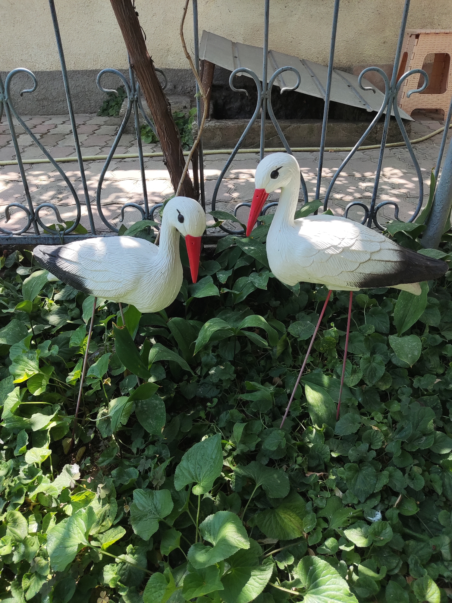 Two white artificial stork figures with red beaks and black wing tips stand on thin red legs amidst lush green foliage. They are positioned in front of a decorative metal fence, behind which a paved area with a patterned stone surface is visible. A weathered wooden pole runs vertically through the scene, intersecting the fence. In the background, a light-colored building wall and a beige plastic stool can be seen. The scene appears to be an outdoor garden or yard area.