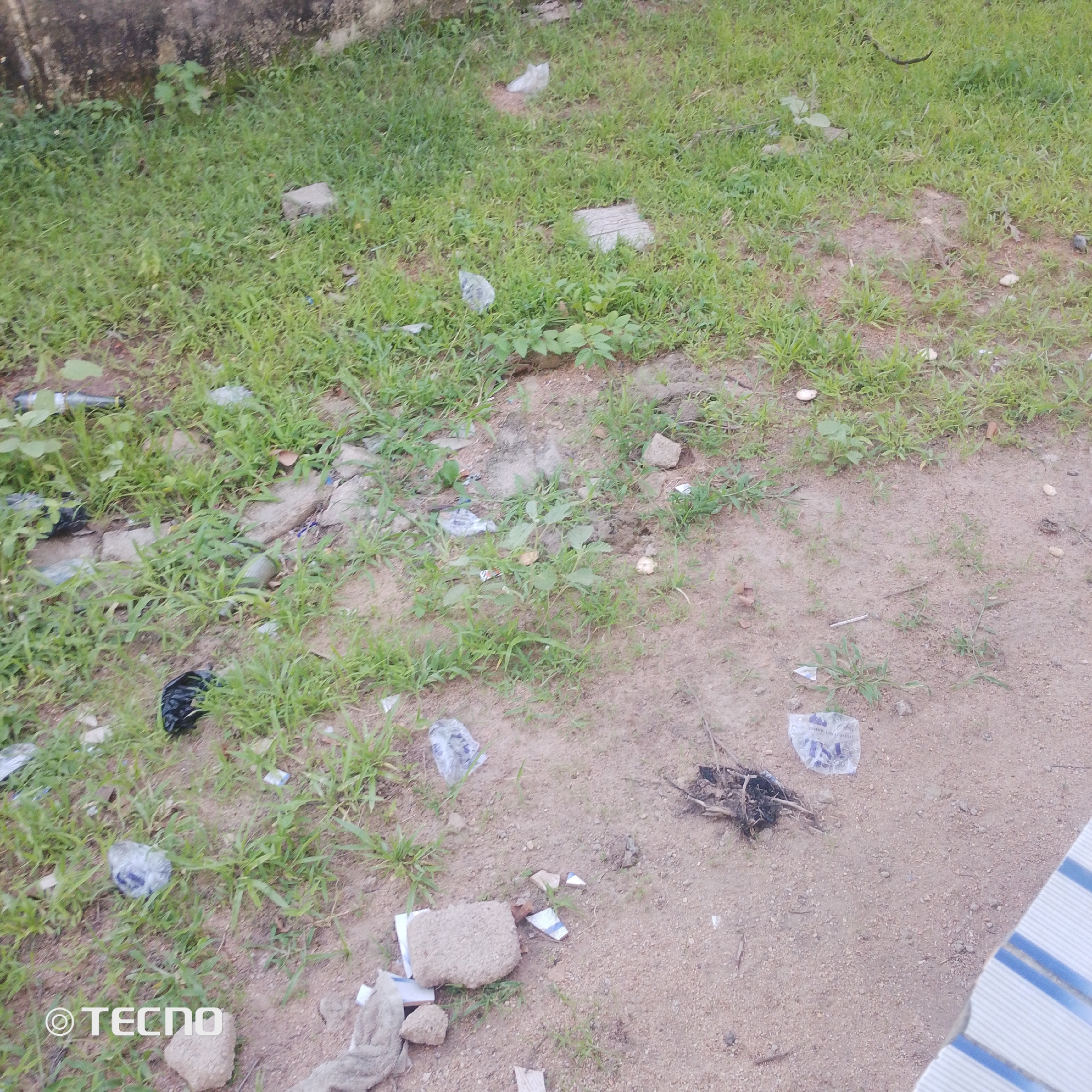 The image depicts an outdoor scene in Jalingo, Nigeria, characterized by a patch of overgrown grass and bare soil. Litter is scattered throughout the area, including plastic bags, wrappers, and what appears to be dried plant matter. Some of the plastic debris is transparent, revealing markings or contents within. Several small rocks and pieces of concrete are also visible amongst the vegetation and on the soil. The ground is uneven, with sections of dry, sandy soil interspersed with greener, more densely vegetated areas. A portion of what looks like a striped surface, possibly a bench or table, is visible on the right edge of the frame. A watermark with the text "TECNO" is present in the bottom left corner.