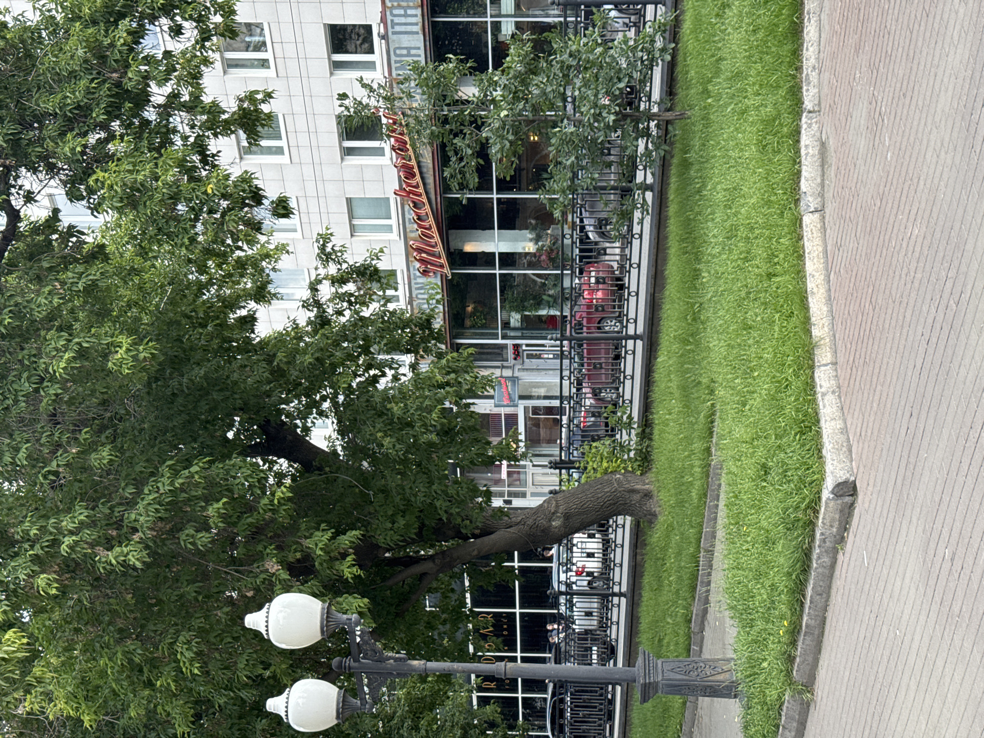 This image captures a street scene in Yekaterinburg, Russia, featuring a building with a restaurant called "Maccheroni" on its ground floor. The restaurant has a large glass facade, behind which interior lighting and some plants are visible. A red neon sign spelling "Maccheroni" is prominently displayed above the windows. To the left of the restaurant, the sign "R DIRR" is partially visible.
In front of the building, there is a black metal fence separating the sidewalk from a strip of green grass and a tree. Several cars are parked or driving on the street behind the fence. A vintage-style lamppost with two white lamps stands on the left side of the foreground, casting a shadow on the paved sidewalk. The sidewalk itself is made of red bricks. A grassy area with a concrete curb separates the sidewalk from the street and fence. The overall setting appears to be a bright, overcast day, with ample natural light.
