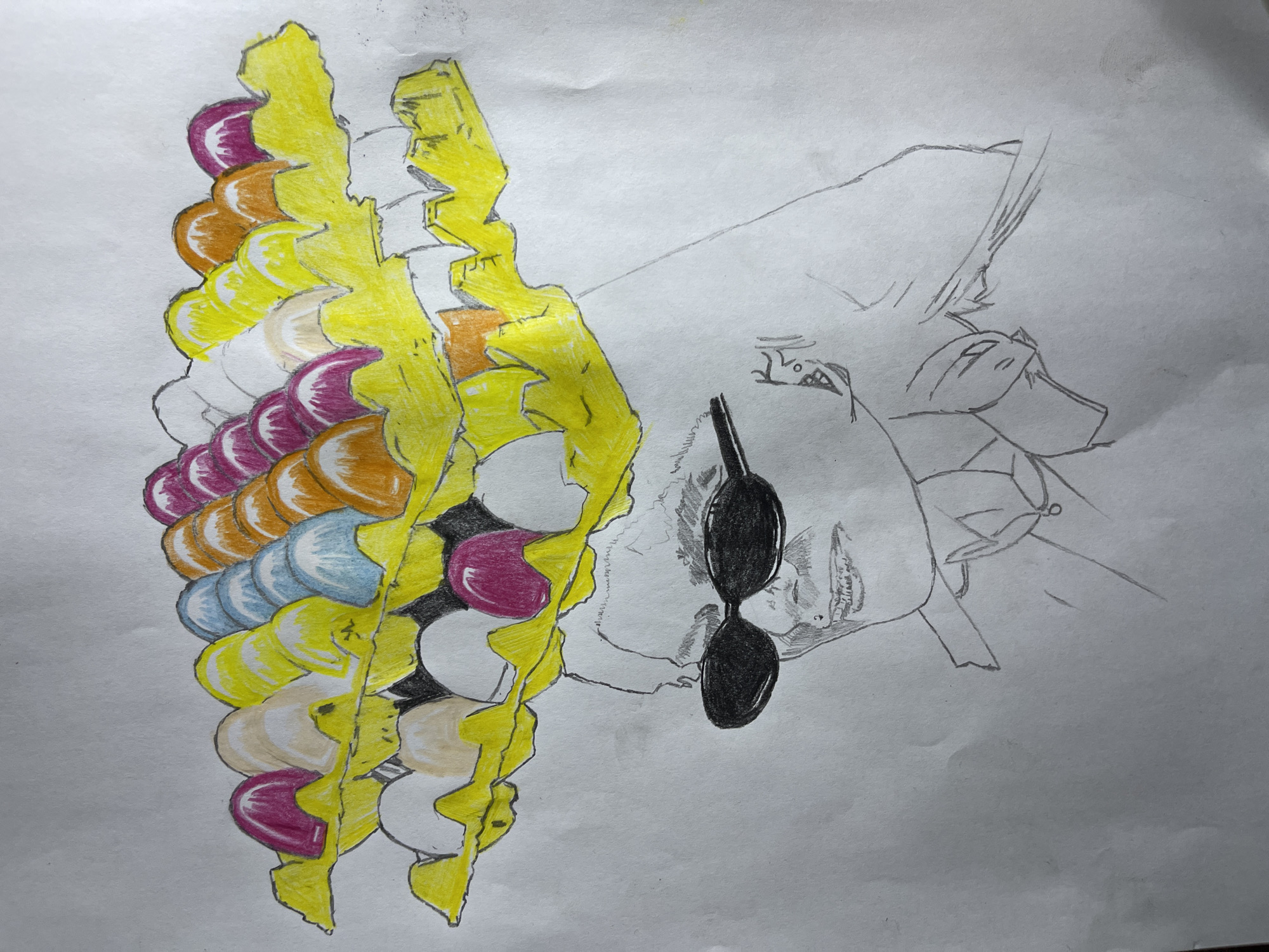 The image is a sketch on paper. On the left side is a vertical, multi-colored column of spiraled objects. The colors are yellow, white, purple, orange, and blue. A yellow, zig-zag shape appears to hold the column together. To the right is a pencil sketch of a person's face. The person is wearing sunglasses and appears to be facing away. The background is plain, white paper. The image does not provide enough information to determine its location in Jos, Nigeria.