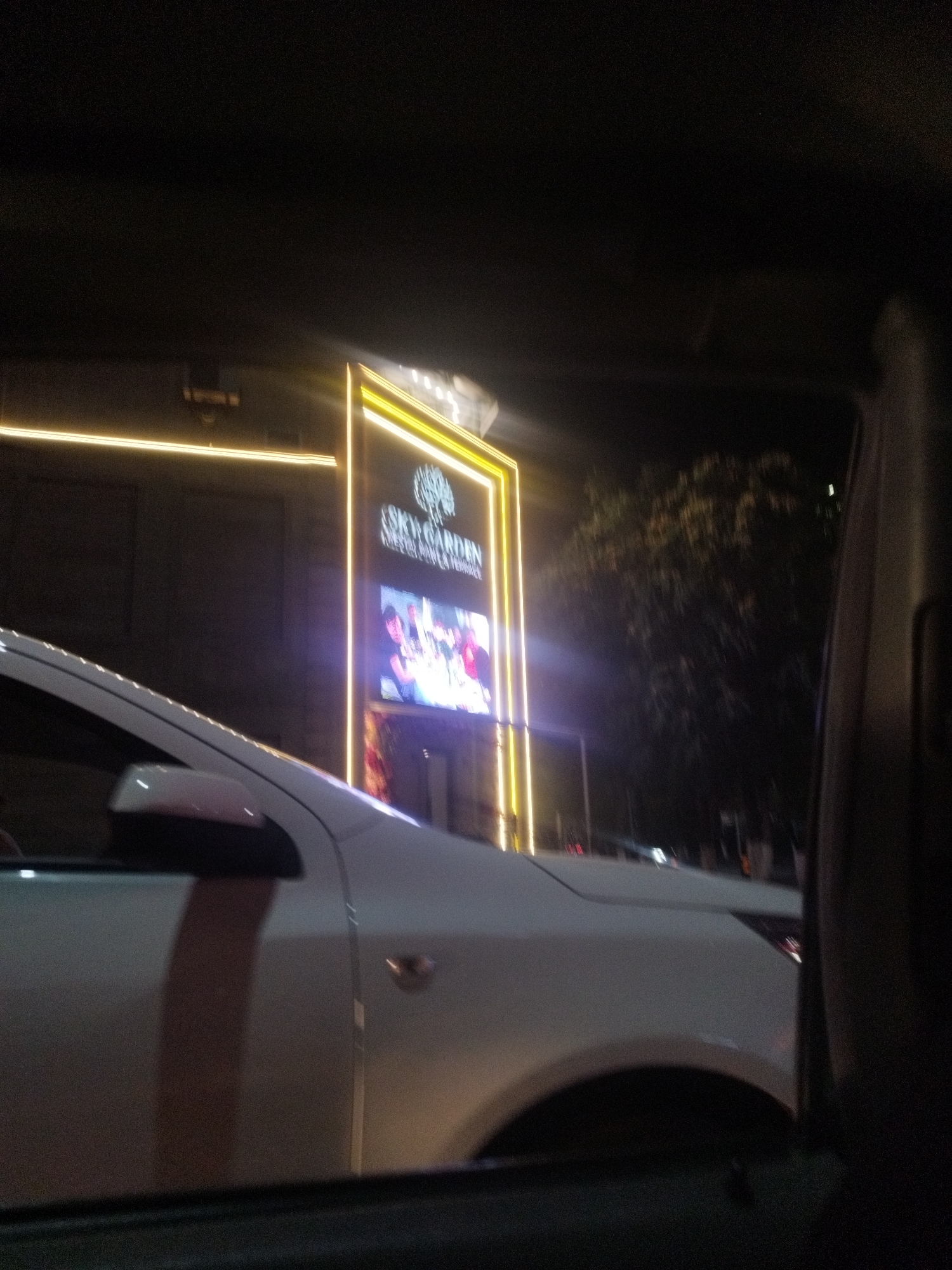 The image depicts a nighttime view from inside a vehicle, looking out at a building with prominent neon lighting. A digital billboard displays an image of people gathered around a table. The building is adorned with vertical and horizontal yellow neon lights, framing a large, illuminated sign that reads "SKY GARDEN" with a tree logo above it. The sign also includes smaller text below. The foreground is dominated by the white exterior of the vehicle, including its side panel and side mirror. Trees are visible in the background, silhouetted against the night sky. The location is identified as Shymkent, Kazakhstan.