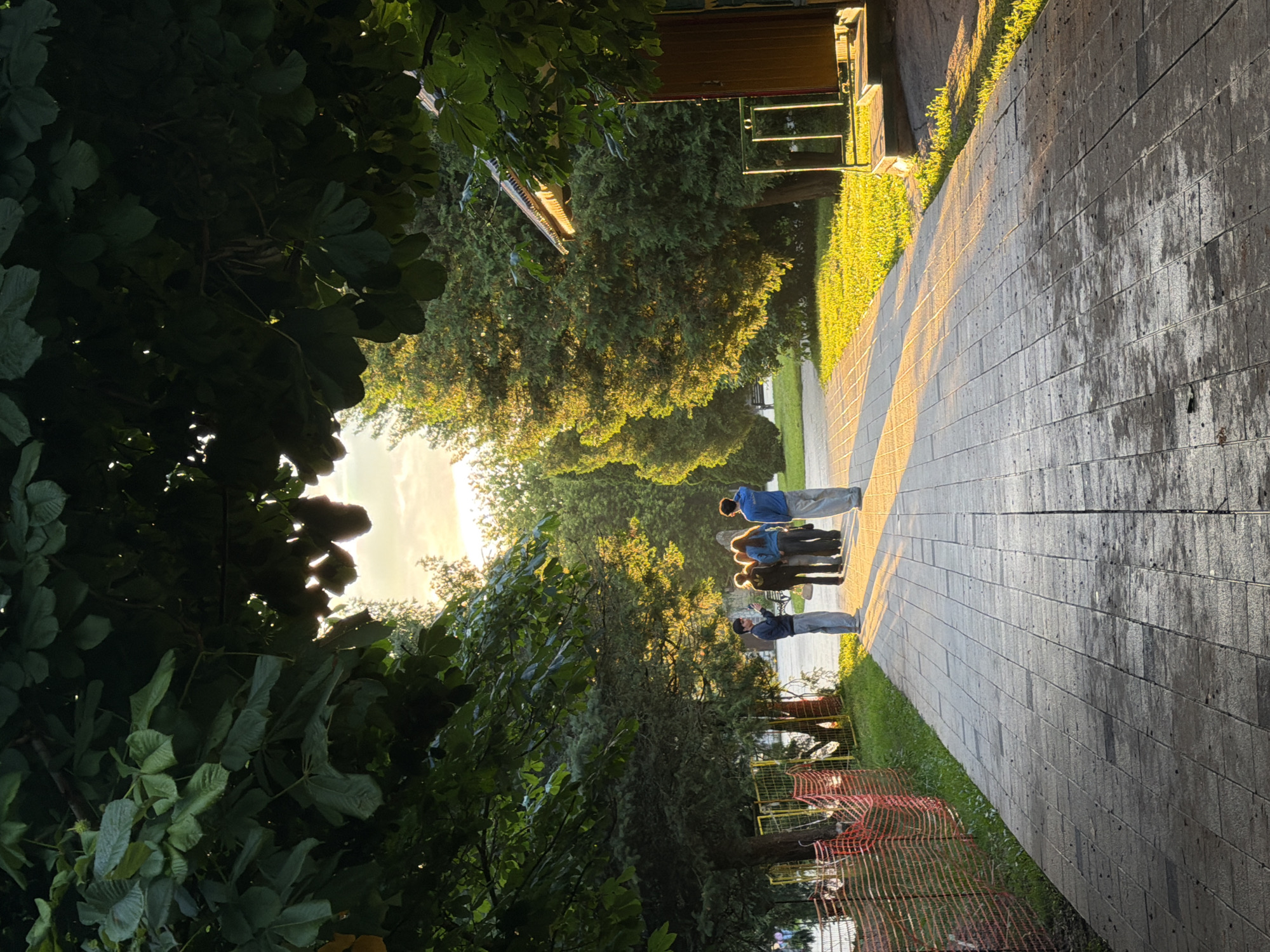 A group of five individuals, appearing to be young adults or teenagers, stand on a paved walkway in a park-like setting. The walkway is made of rectangular grey tiles and is partially wet, showing darker patches. The group is clustered together, facing away from the camera, with one individual in the foreground on the right holding a phone. The sun is low in the sky, casting long shadows and illuminating the scene with a warm, golden light, particularly on the grass and trees to the right of the walkway.
The park features dense green foliage, with large leafy trees framing the top of the image and evergreen trees lining the path. To the left, a temporary orange safety fence with white poles runs along a grassy area. On the far right, a small wooden structure with a brown door and a sloped roof is visible. The sky above the trees shows a bright, hazy sunset. The overall impression is a peaceful, late afternoon scene in an urban park in Solnechnogorsk, Russia.