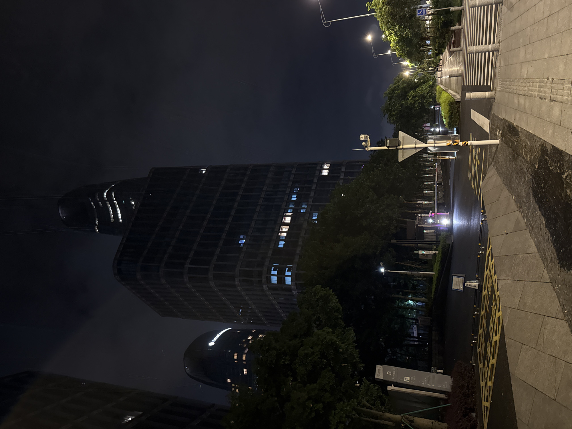 This image depicts a street scene at night in the Haizhu District of Guangzhou, China, with a focus on urban architecture and infrastructure. In the foreground, a paved sidewalk with tactile paving leads to a crosswalk with white stripes. Adjacent to the sidewalk are bollards and a paved area with yellow markings. A street lamp with a curved arm illuminates the scene. Further back, a road with yellow lane markings is visible, along with a pedestrian crossing. Trees line the street, casting shadows. In the background, several modern high-rise buildings dominate the skyline. One building is particularly tall and sleek with illuminated windows. Another, darker building has a more angular design with rows of lit windows. A distinctive rounded building with illuminated signage is also present. Traffic lights and street signs are visible, including one with a wheelchair symbol, indicating accessibility features. The sky is dark and cloudy, suggesting it is nighttime.