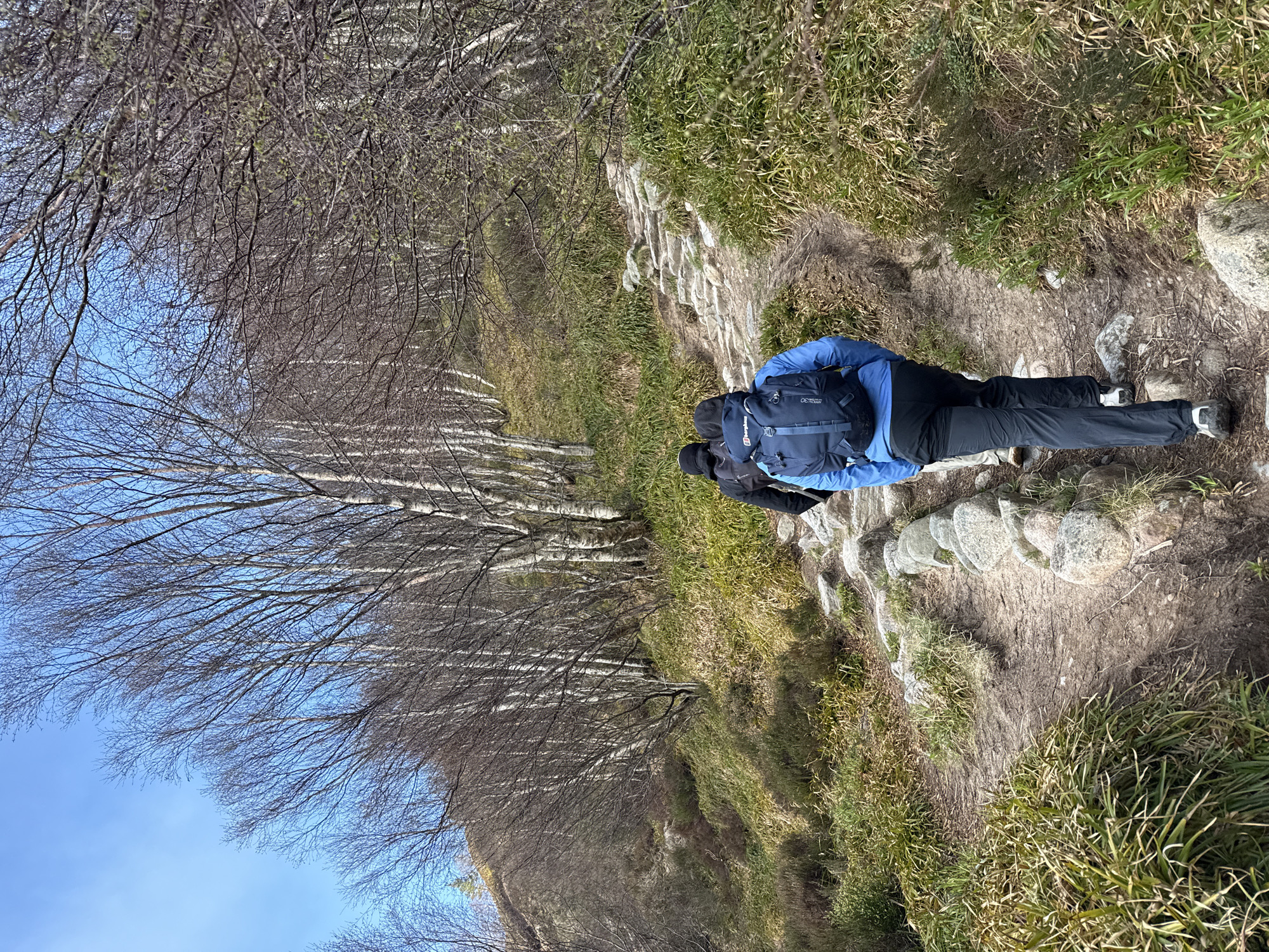 A vertical, full shot depicts a person walking along a narrow path in a mountainous, wooded area. The person is wearing a blue jacket, black pants, and dark hiking boots, and they carry a dark blue backpack. The path is edged with stones and runs between a grassy area and a hillside covered in bare trees. The sky is visible in the lower left corner, suggesting a bright, clear day. The location is unknown.