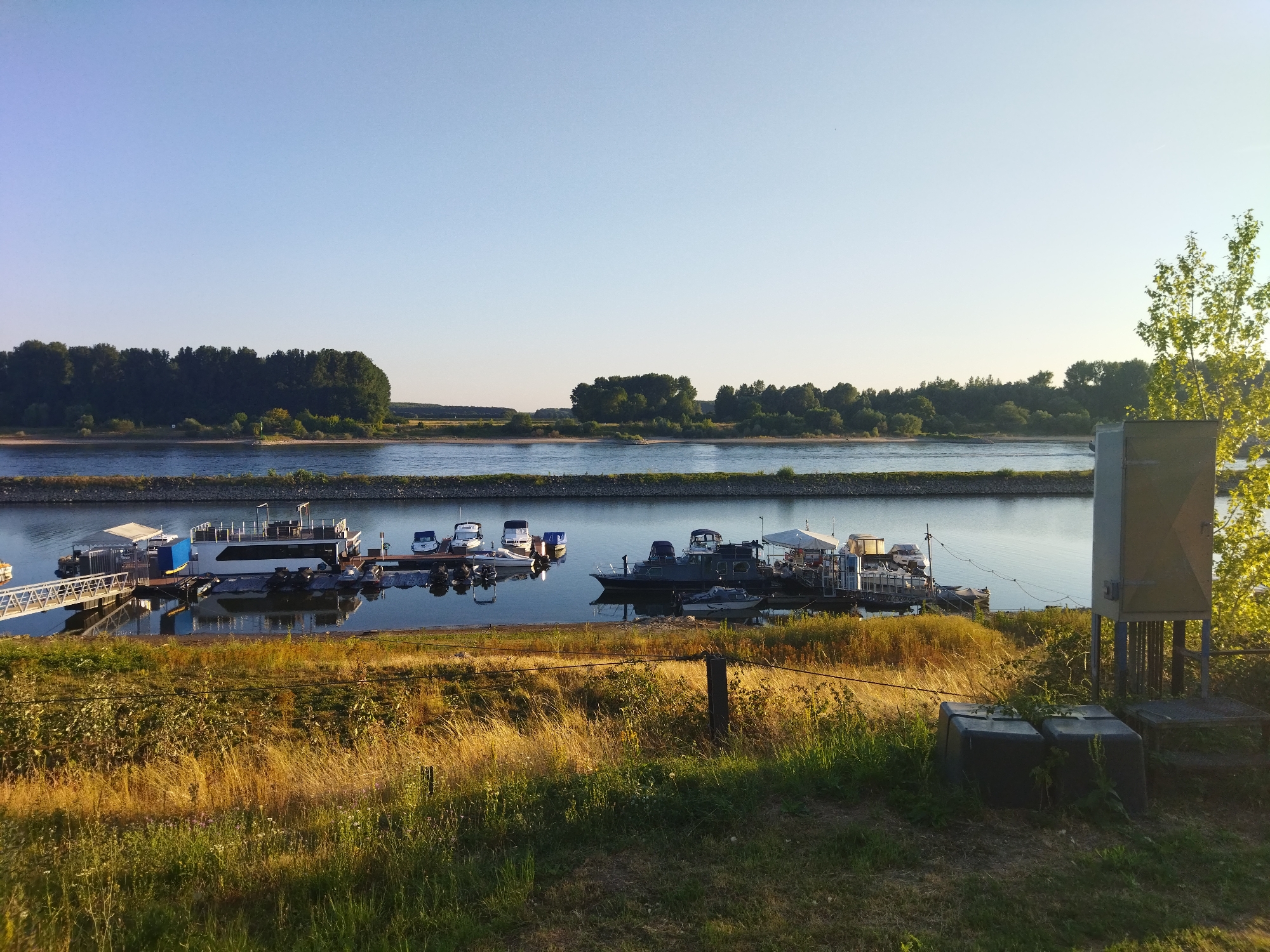 The image shows a wide, calm river with several boats docked at a pier. On the far bank of the river, a dense line of trees forms a dark green horizon. The sky above is a clear, pale blue, indicating a bright, sunny day. In the foreground, dry, golden-brown grass covers the ground, with some scattered green patches. A metal structure, possibly an electrical box, stands on the right side of the image, with some dark, rectangular objects clustered at its base. The scene appears to be a tranquil waterfront location. Given the context of Leverkusen, Germany, this likely depicts a scene along the Rhine River, a significant waterway that flows through the city and is known for its recreational boating and industrial activity.