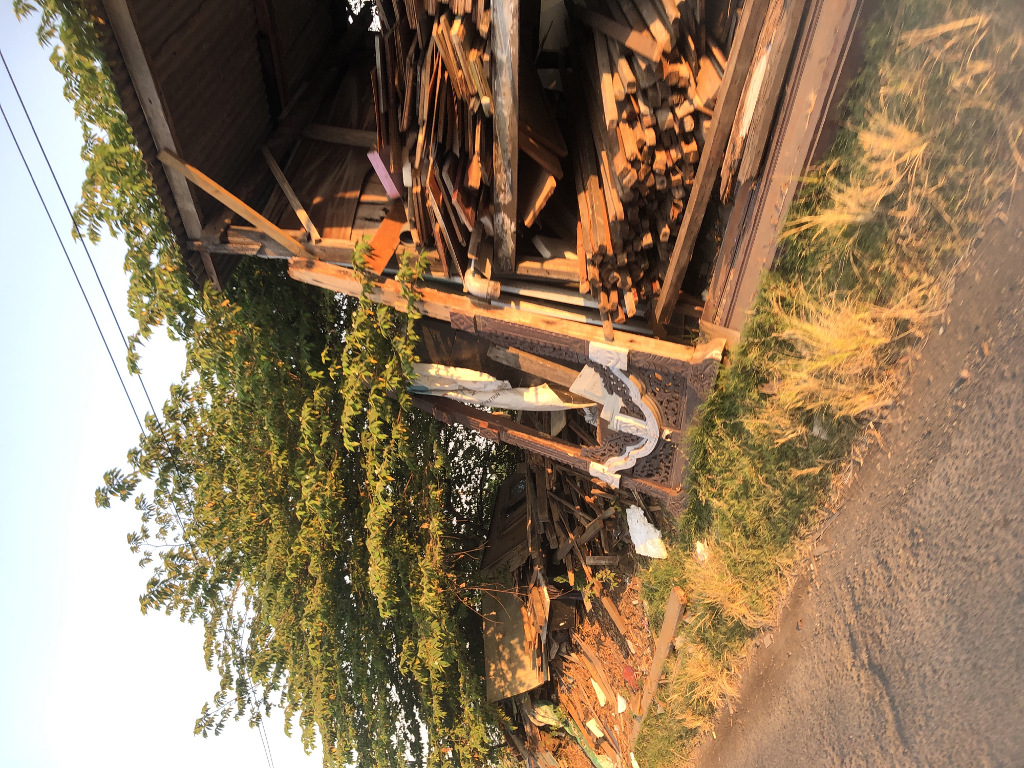 This image depicts an outdoor scene at what appears to be a construction or scrap wood storage area, likely located near Keboguyang, Indonesia. The time of day suggests late afternoon or early evening, as indicated by the warm, golden light illuminating the scene and casting long shadows. In the foreground, a dirt path runs along the left side of the image, bordered by tall, dry grass.
The primary focus of the image is a rustic wooden structure, possibly a makeshift shed or shelter, filled with a large quantity of lumber and wooden planks. The wood is stacked haphazardly, with various sizes and types of timber visible. Some pieces are long and slender, while others are shorter and thicker. The structure itself appears weathered, with corrugated metal roofing and exposed wooden beams.
Behind the shed, a dense green tree provides a backdrop, its leaves catching the sunlight. A white cloth or tarp is draped over some of the wooden debris near the shed. To the left of the shed, more piles of wood and construction debris are scattered on the ground. The overall impression is one of a utilitarian space, possibly a yard for storing salvaged or unprocessed wood. No people are visible in the frame. The environment appears rural or semi-rural, with a clear sky and hints of vegetation.