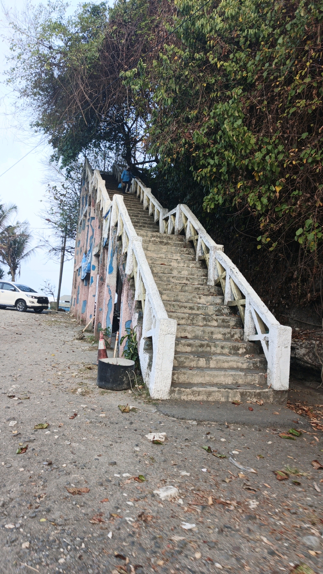 A long, concrete staircase with white concrete railings ascends a grassy, tree-covered slope. The staircase is decorated with patches of pink and blue paint. At the base of the stairs, a black trash can and a traffic cone sit on a gravel path. A white car is parked on the left side of the path. A person in a blue jacket is walking up the stairs. The overall scene depicts an outdoor staircase leading up a natural incline in a potentially tropical environment.