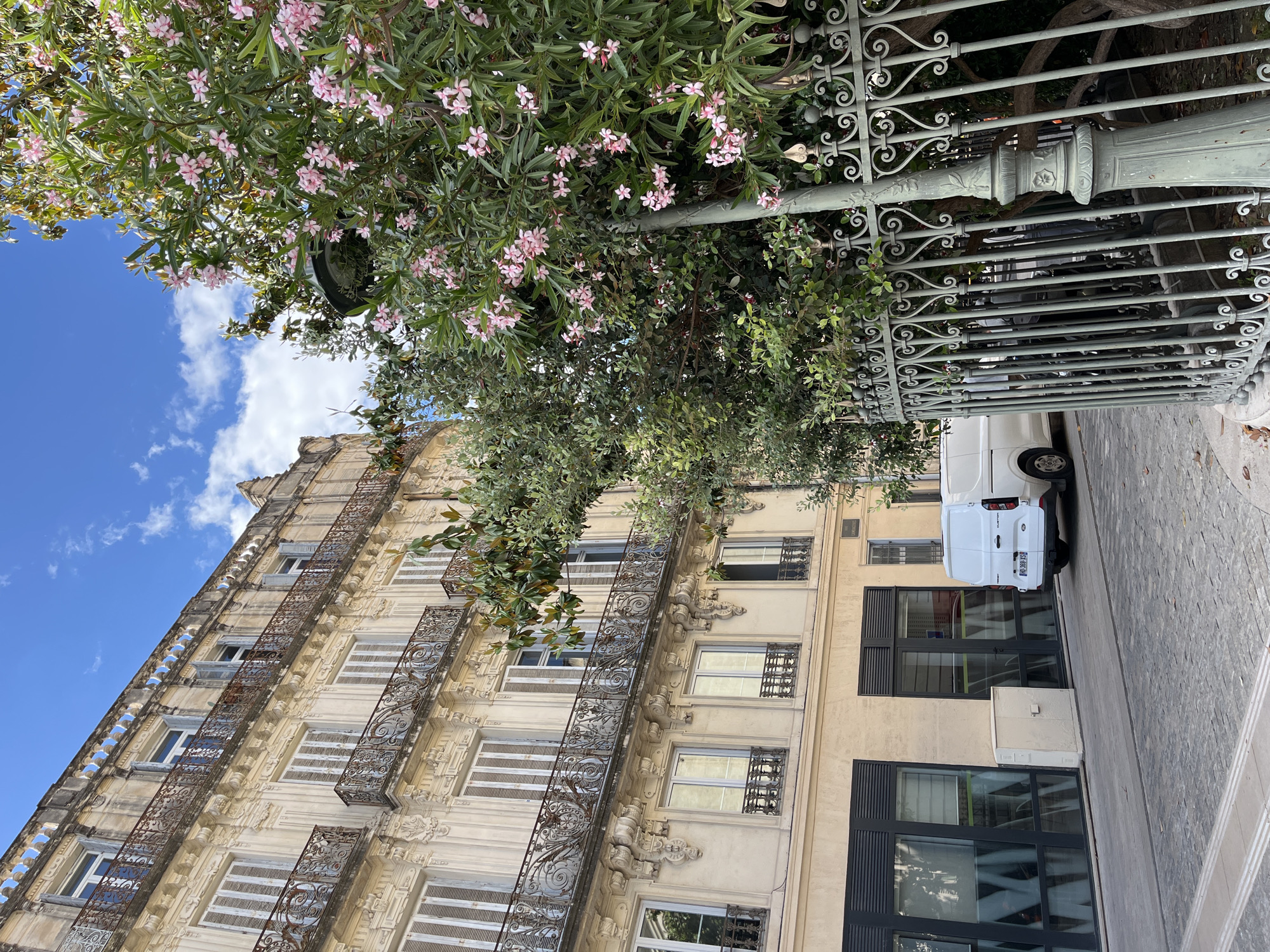 The image shows a street scene in Montpellier, France. A tall, ornate building with wrought iron balconies dominates the left side of the frame. It features a pale yellow facade with decorative moldings and multiple rows of windows with white shutters. To the right of the building is a more modern structure with large, dark-framed windows and a white van parked in front. A green, decorative iron fence and a lamppost are partially visible in the foreground, with flowering oleander bushes growing around them. The sky is blue with scattered white clouds. The image is taken from a low angle, looking upwards towards the building.