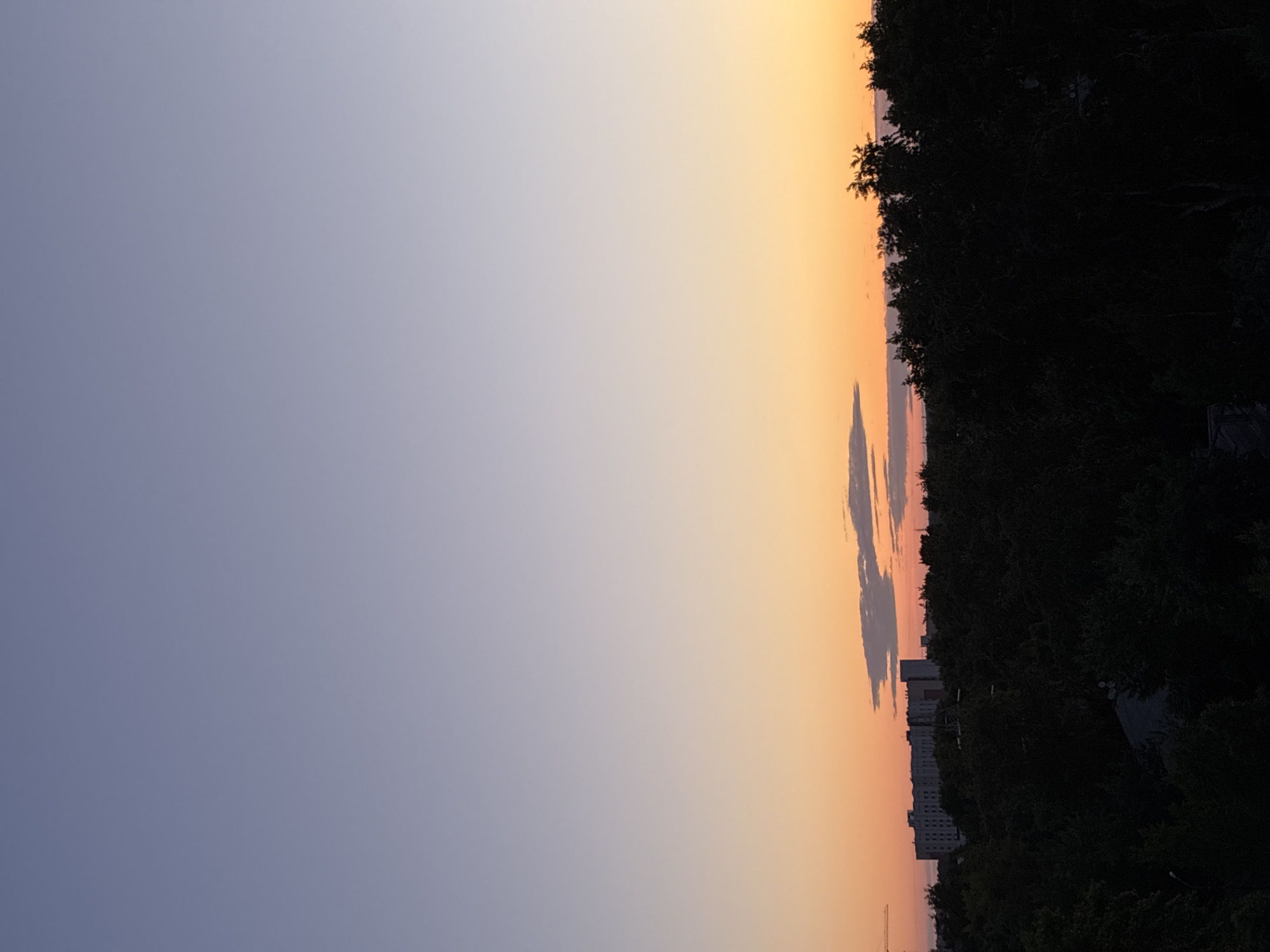 The image depicts a sunset over a cityscape. The sky transitions from a pale blue at the top to a vibrant orange and pink gradient near the horizon. Silhouetted against the colorful sky are a dense line of dark green trees and a few buildings in the distance. The buildings appear to be residential apartment complexes. A few wispy clouds are visible in the mid-sky. The overall impression is one of a serene evening in an urban environment.