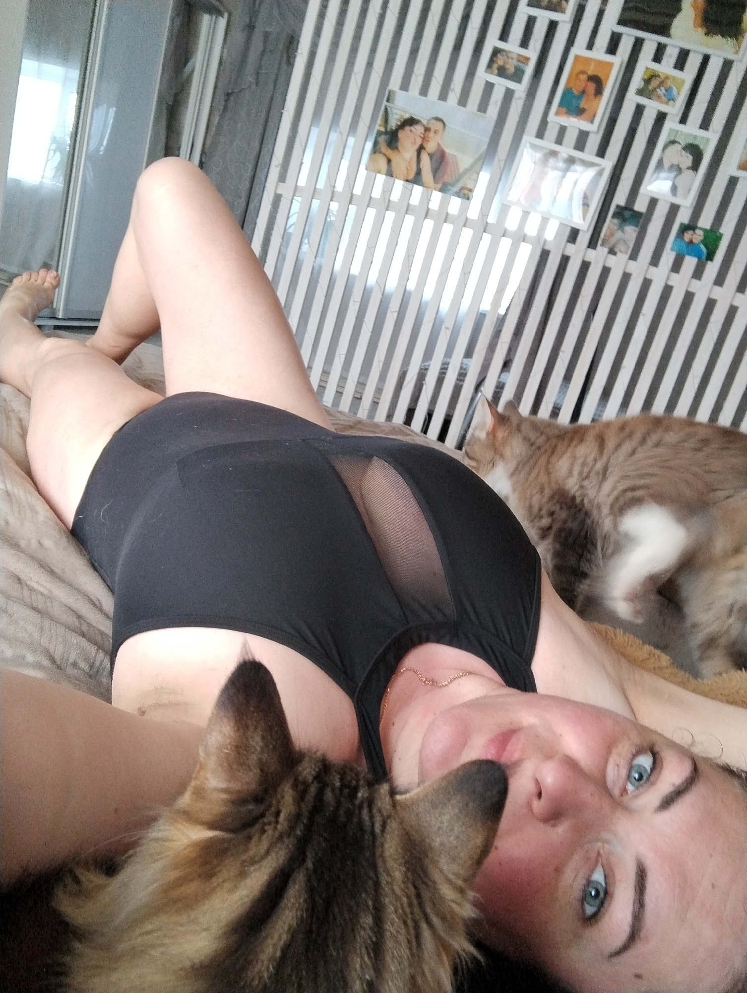 A woman lies on a bed with two cats. She wears a black bodysuit with mesh details, and a gold necklace is visible. The woman has fair skin, blue eyes, and freckles. One cat is very close to the camera, its head near her face. The second cat is walking on the bed behind her. A wall with black and white stripes and framed pictures is in the background. A mirrored closet stands to the left. This scene does not appear to be in Grishanki, Russia.