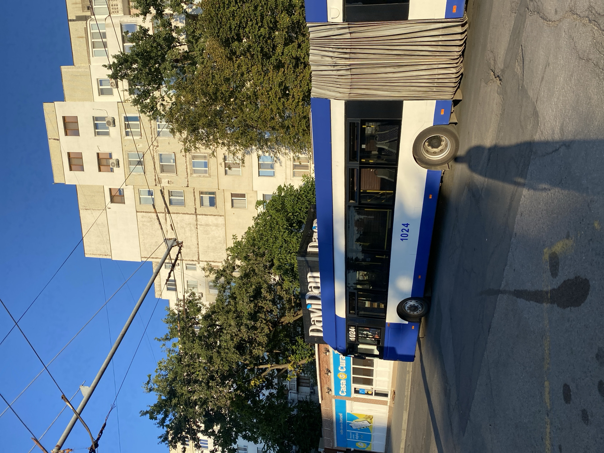 A street scene in Chișinău, Moldova features a trolleybus with the number 1024 clearly visible. The trolleybus is blue and white and appears to be articulated. It is parked on a paved street in front of a building that has a sign reading "DavidDan". Adjacent to this building is a smaller storefront with a sign that says "Casa Cural". Trees with green foliage are visible behind the buildings. The sky is clear and blue, and the sun is casting long shadows on the ground, indicating it is likely late afternoon or early morning. The scene depicts a typical urban environment with public transportation, businesses, and residential buildings.