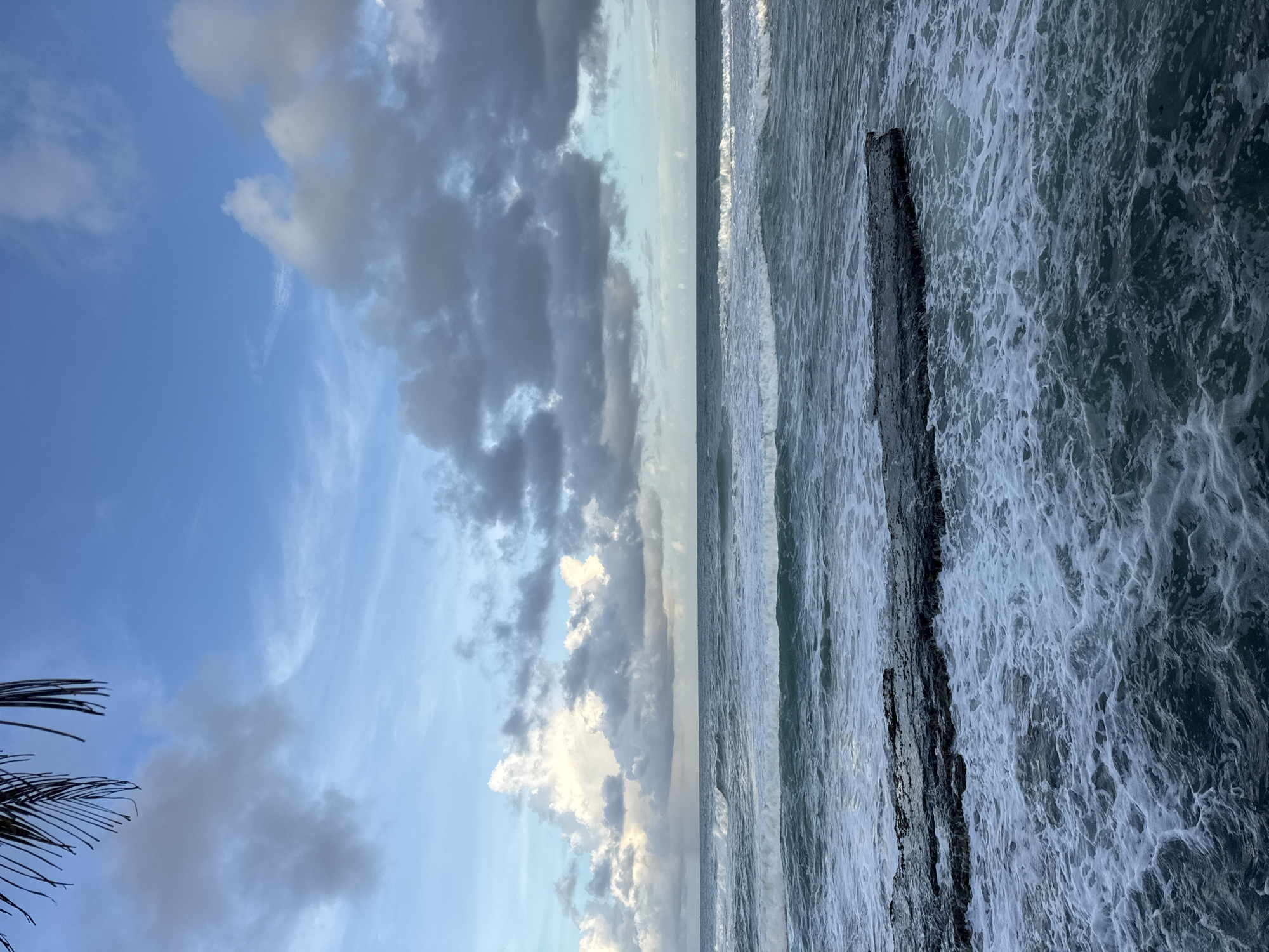 This image captures a view of the ocean with a rocky outcropping in the foreground, near Goviyapana, Sri Lanka. The sky is partly cloudy with a mix of dark and light clouds against a blue background. The ocean is choppy with visible waves crashing against the rocks and churning into white foam. The water appears a deep blue-green. A dark, flat rock formation extends out into the water from the left side of the frame. In the upper left corner, a few fronds of a palm tree are visible, silhouetted against the sky. The scene is illuminated by natural daylight, likely during the day. There are no people or animals visible in the frame.