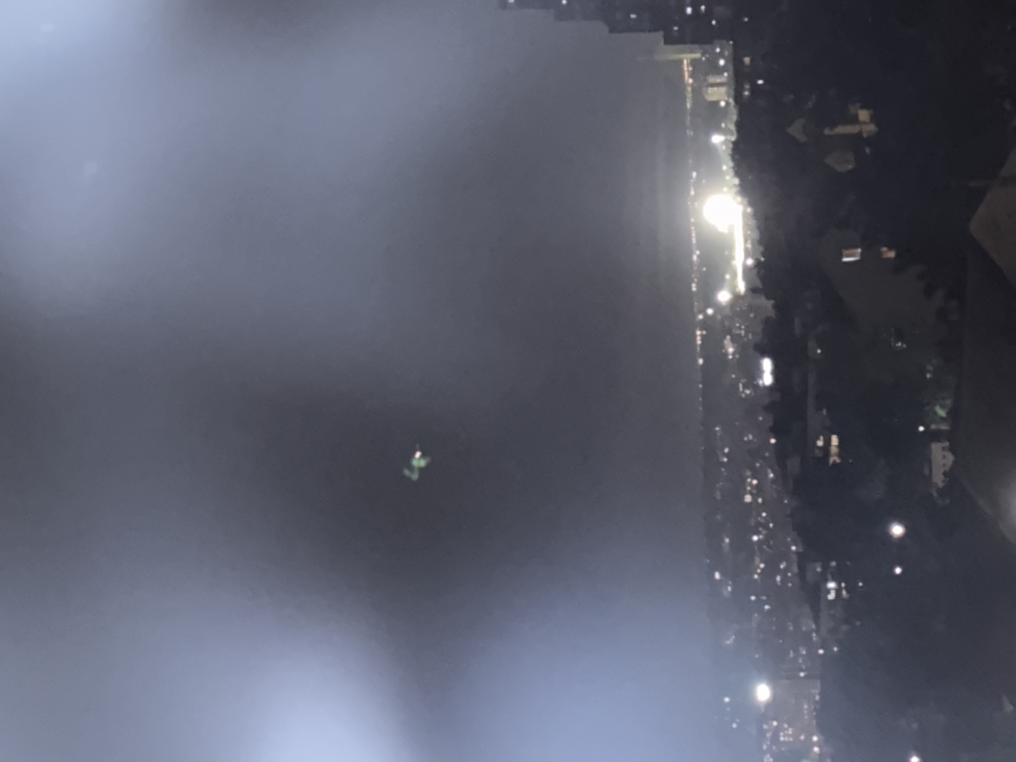 A nighttime view, presumably from an elevated position in Belgrade, Serbia, looking towards the river. The lights of the city illuminate the river's edge. The image shows city lights and some vegetation on the right side. There is a green light in the sky near the middle of the picture. The remainder of the image is dark, potentially obscured by clouds or haze. The exact location within Belgrade is difficult to pinpoint without additional landmarks.