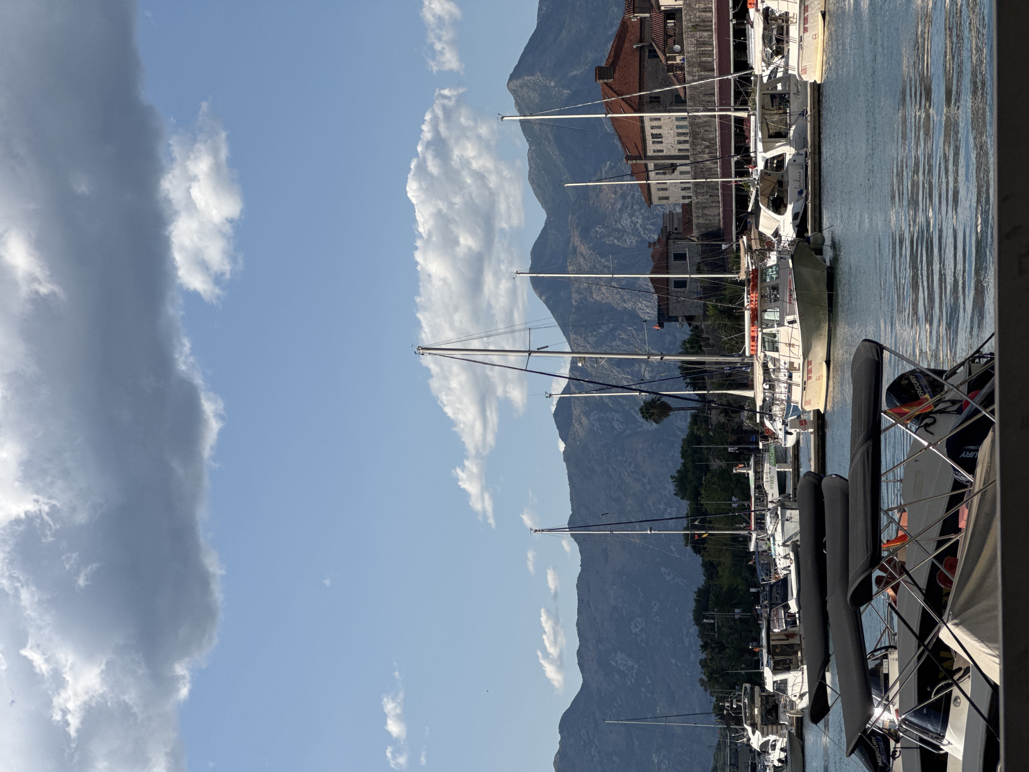The image depicts a waterfront scene in Kotor, Montenegro, under a partly cloudy sky. In the foreground, several small motorboats are moored, their black canvas covers creating a textured pattern. Beyond these, a marina is filled with a variety of boats, including sailboats with tall masts and larger motor yachts. In the midground, buildings with terracotta roofs and stone facades line the waterfront, characteristic of Mediterranean architecture. Behind the buildings, lush green trees and vegetation can be seen. The background is dominated by the imposing, rugged mountains that are a hallmark of the Bay of Kotor. The water in the marina appears calm, reflecting the sky and the surrounding structures. The overall impression is one of a peaceful, sunny day in a picturesque coastal town.