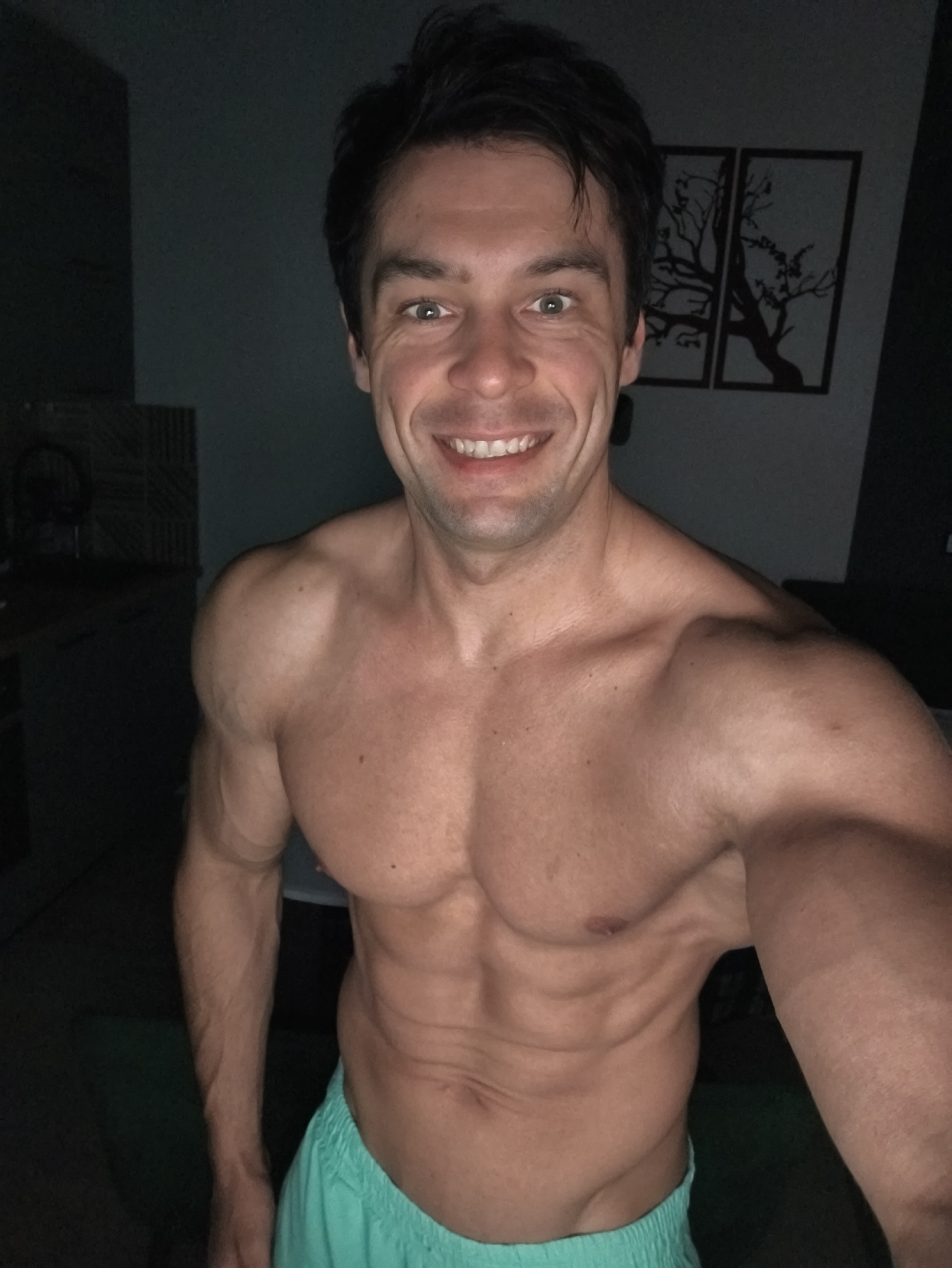 A shirtless man with short dark hair is smiling at the camera, showing muscular physique with visible abdominal muscles, shoulders, and arms. He is wearing turquoise shorts. Behind him are two framed art pieces depicting tree silhouettes, and to the left a partially visible cabinet or furniture item. The location is unknown, and there is no indication that the photo was taken in Moscow, Russia.