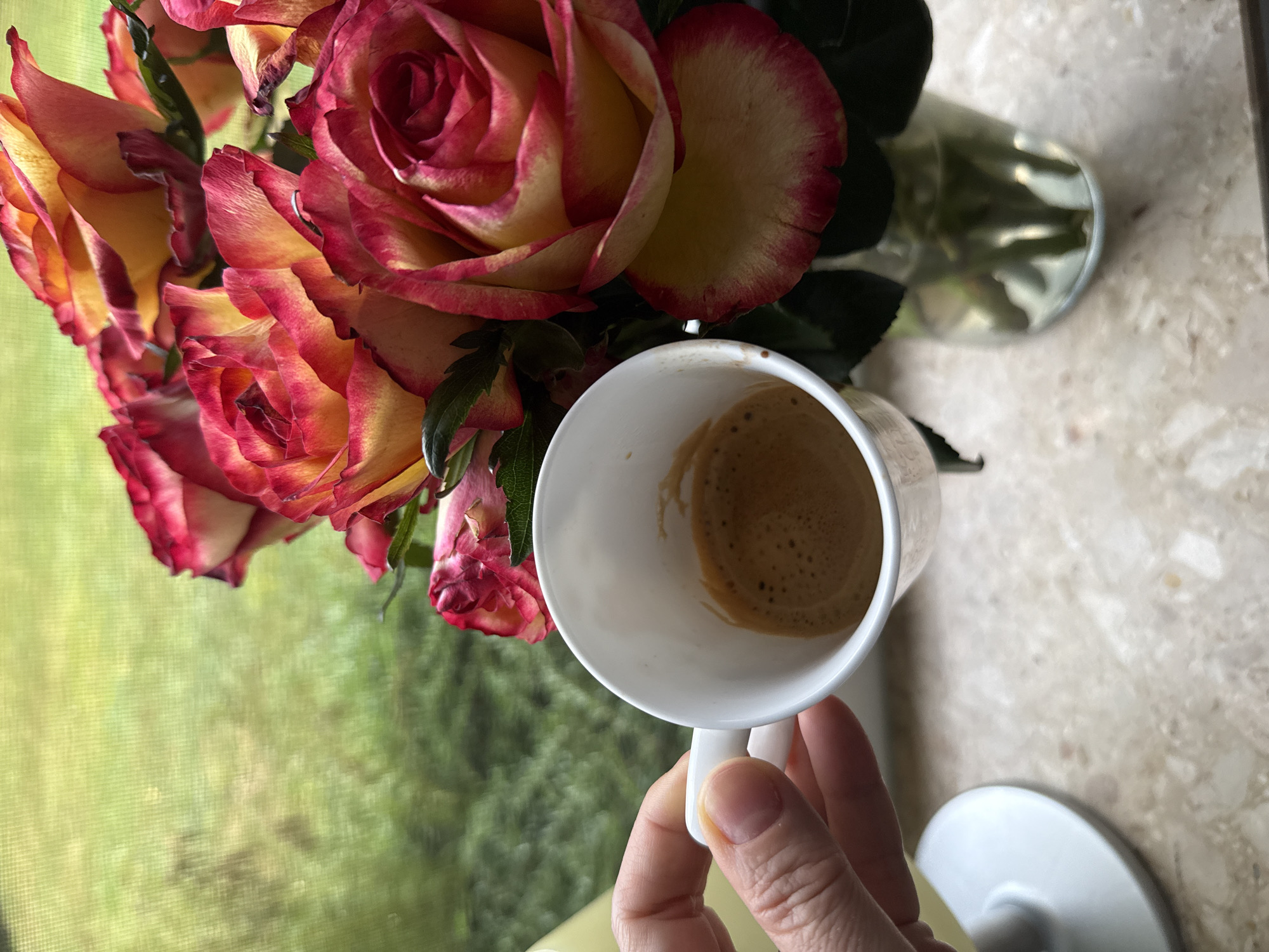 A hand holds a white ceramic mug filled with espresso. The mug is positioned in front of a bouquet of red and yellow roses in a glass vase. The background shows a blurred green outdoor scene, suggesting a window view. The items are placed on a light-colored, speckled countertop.