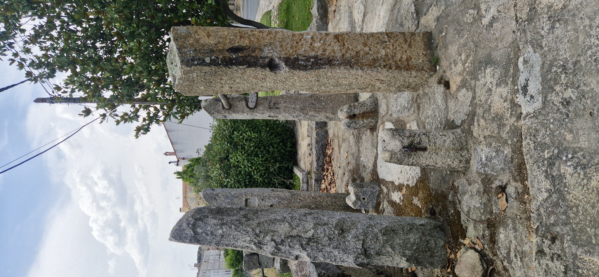 The image shows a collection of weathered stone pillars or monuments arranged in an outdoor setting. These stone structures are rough-hewn and appear to be ancient, with some showing signs of erosion and moss growth. They are situated on a stone-paved ground, with dry leaves scattered around their bases.
In the background, there is lush green foliage, suggesting a natural environment. Behind the foliage, parts of buildings are visible, including rooftops and walls, indicating a proximity to a settlement or village. A tall tree with green leaves is prominent on the left side of the image, partially obscuring the sky and some of the stone structures. Power lines and a utility pole are also visible, stretching across the sky, which is partly cloudy with a bright blue sky showing through.
The overall scene evokes a sense of history and antiquity, with the stone monuments being the clear focal point. The lighting suggests it is daytime, possibly late morning or early afternoon, given the brightness of the sky and the shadows cast on the ground and structures. There is no visible text in the image. The activity, if any, is not discernible; the scene appears to be a static display of historical artifacts in their environment. The stones vary in size and shape, with some having carved indentations or protrusions, possibly indicating wear from their original purpose or symbolic markings.