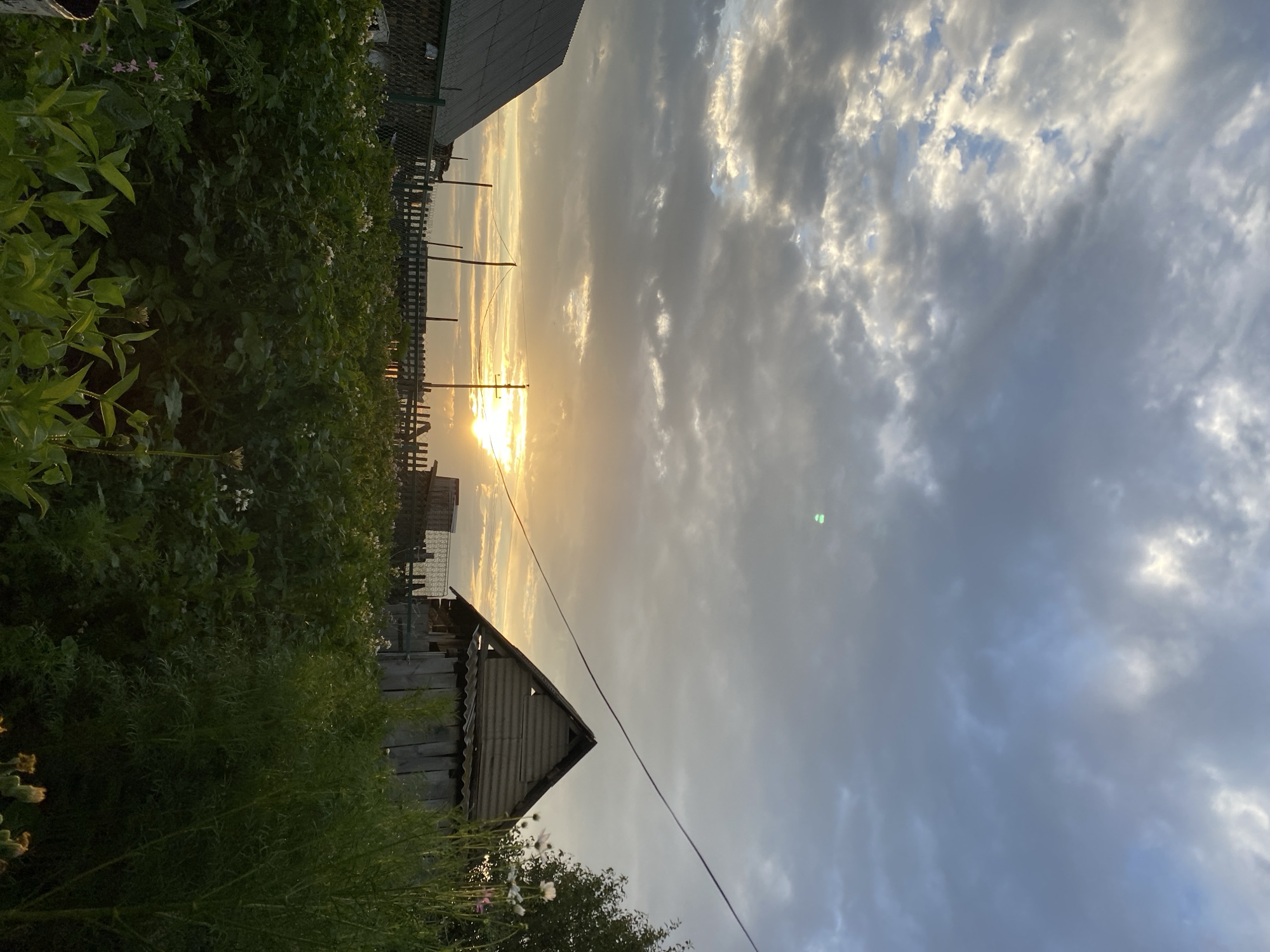 The image depicts a sunset over a rural area, likely a village, in Maloarslangulovo, Russia. In the foreground, lush green vegetation, possibly a garden or field with flowering plants, occupies the lower half of the frame. Two simple wooden structures, one a house with a peaked roof and the other a shed, are visible behind the vegetation. A wooden fence separates the foreground from the background, where utility poles and wires stretch across the scene. The sky is filled with dramatic clouds, tinged with the warm hues of the setting sun, which is positioned low on the horizon, creating a bright glow. The overall atmosphere is serene and tranquil, characteristic of a rural evening.