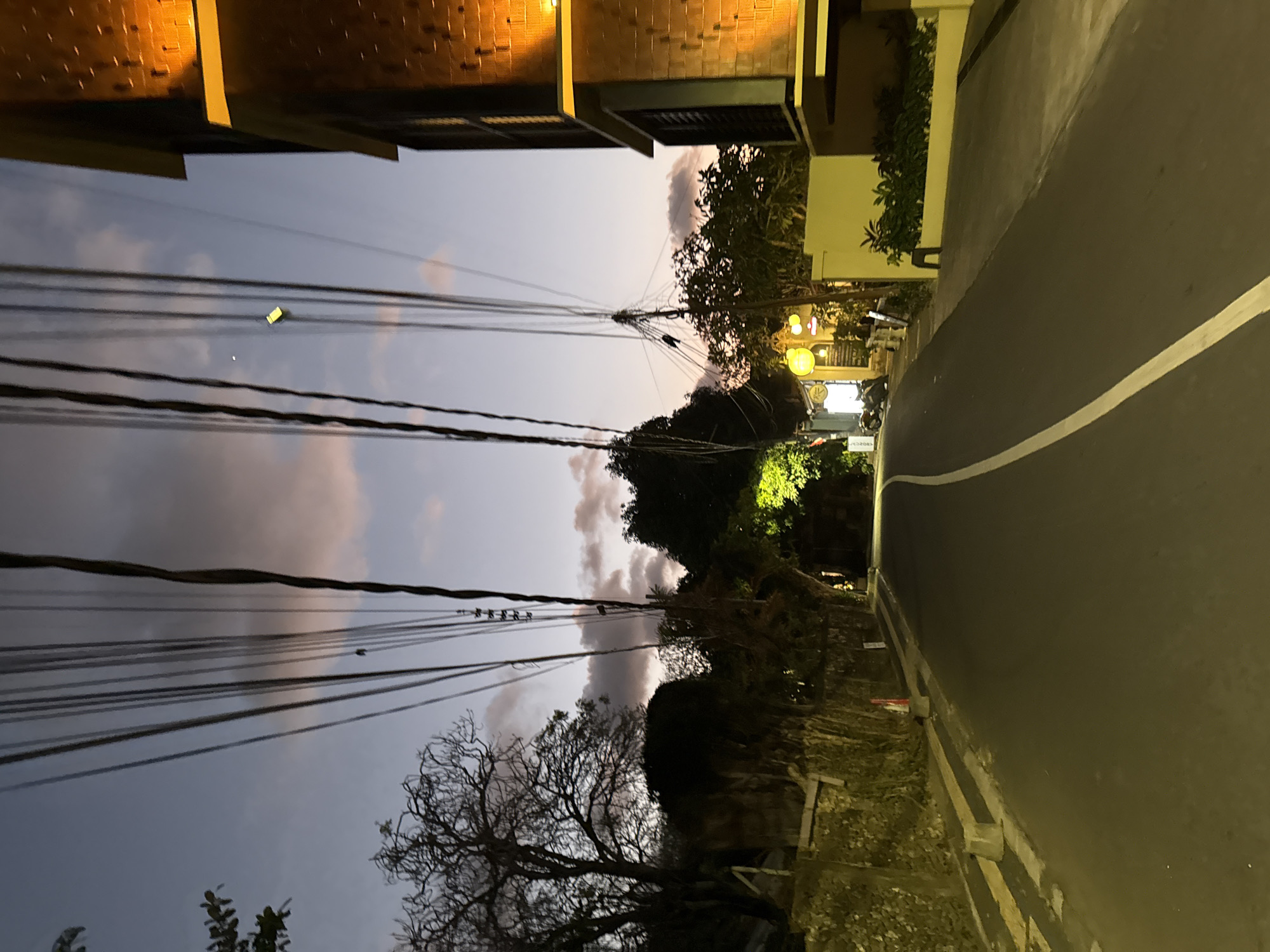 This image depicts a dimly lit street scene in Denpasar, Indonesia, likely captured during dusk or dawn. The sky is a gradient of pale blue and pink, with scattered clouds. A winding asphalt road, marked with a white line, dominates the foreground and recedes into the distance. Overhead, a tangle of black electrical wires crisscrosses the sky, creating a stark visual element.
To the left, a stone wall runs along the side of the road, topped with sparse vegetation and a silhouette of a bare-branched tree. Further down the street, illuminated by a bright green light, are the outlines of buildings and foliage. A traffic cone with orange and white stripes stands on the roadside near the left edge of the image.
On the right, a modern building with a brick facade is brightly lit by warm orange lights, highlighting its architectural features and the yellow awnings. Lush green plants are visible in front of this building. The overall atmosphere is quiet and somewhat mysterious, with the artificial lights creating pockets of illumination against the fading natural light. No people are clearly visible in the scene.